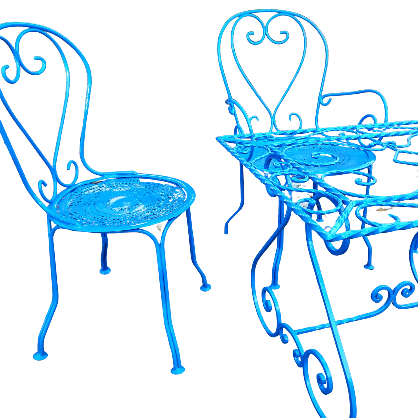 Antique French Chairs and Vintage Table Garden Setting in Bright Blue