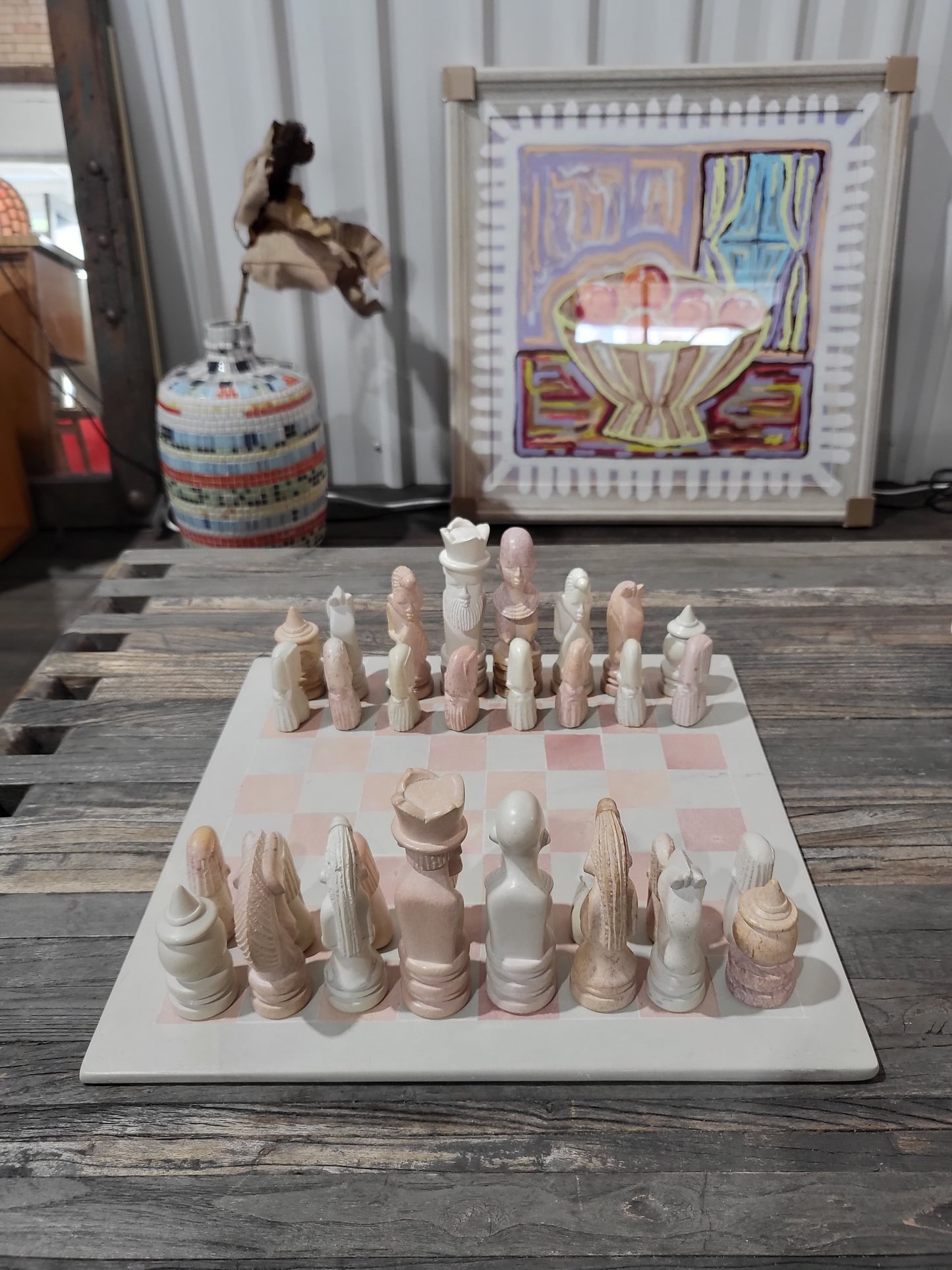 Pink and White Inlaid Stone Chess Set