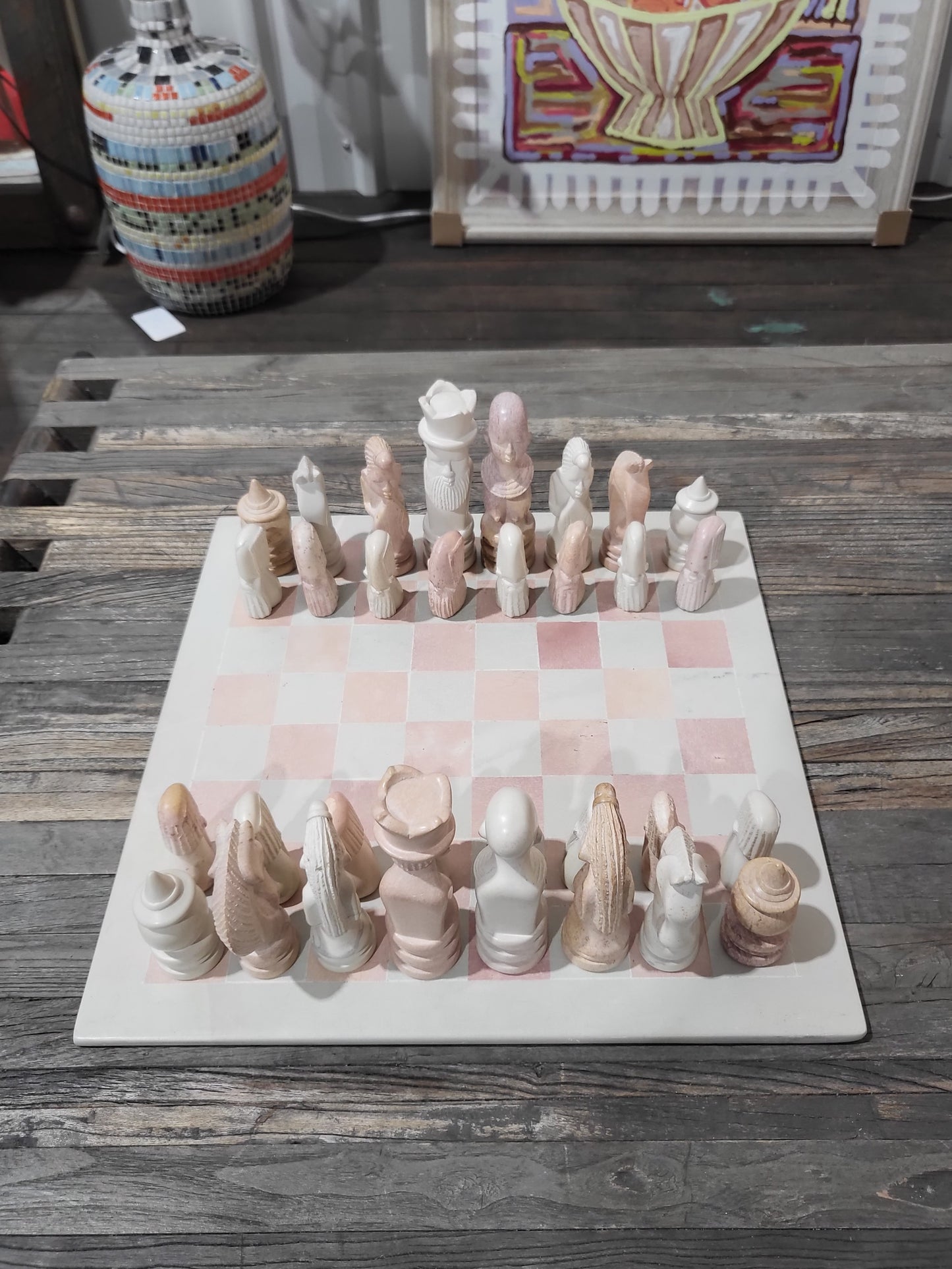 Pink and White Inlaid Stone Chess Set