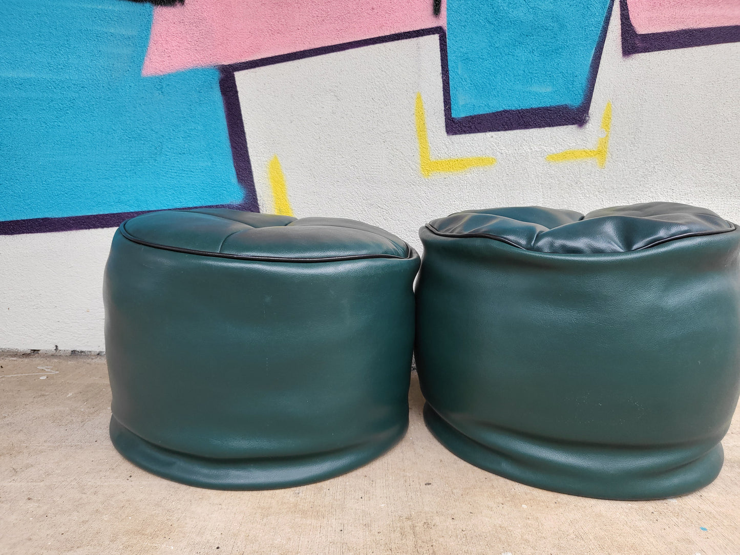 Pair of Original 1960's Brisbane Arcade Green Vinyl Poufs