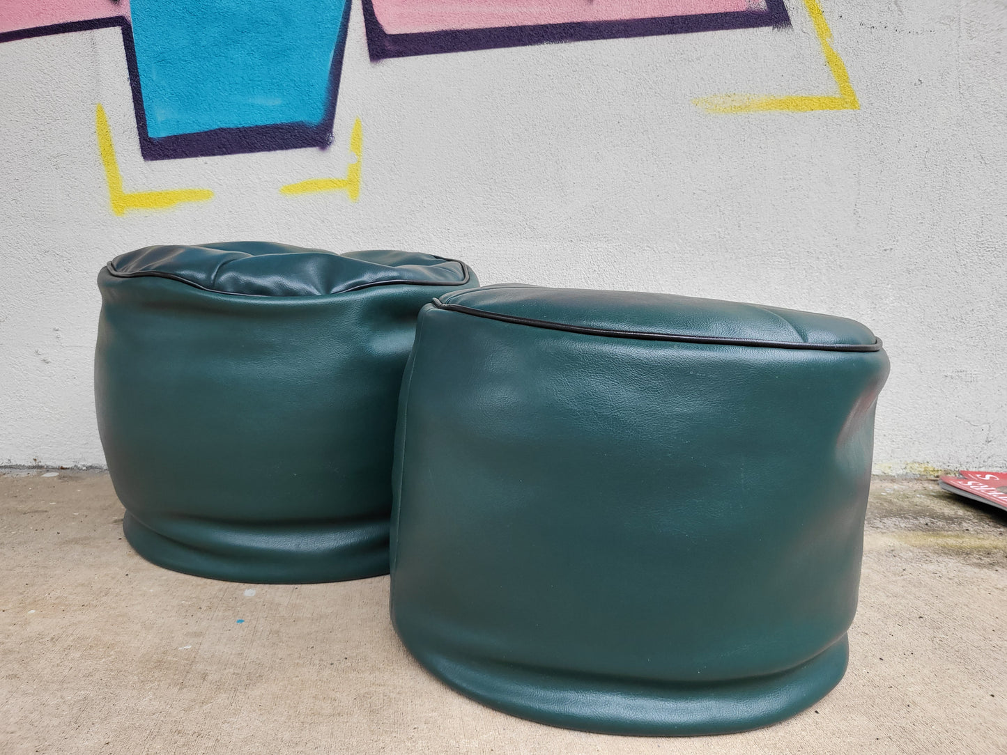 Pair of Original 1960's Brisbane Arcade Green Vinyl Poufs