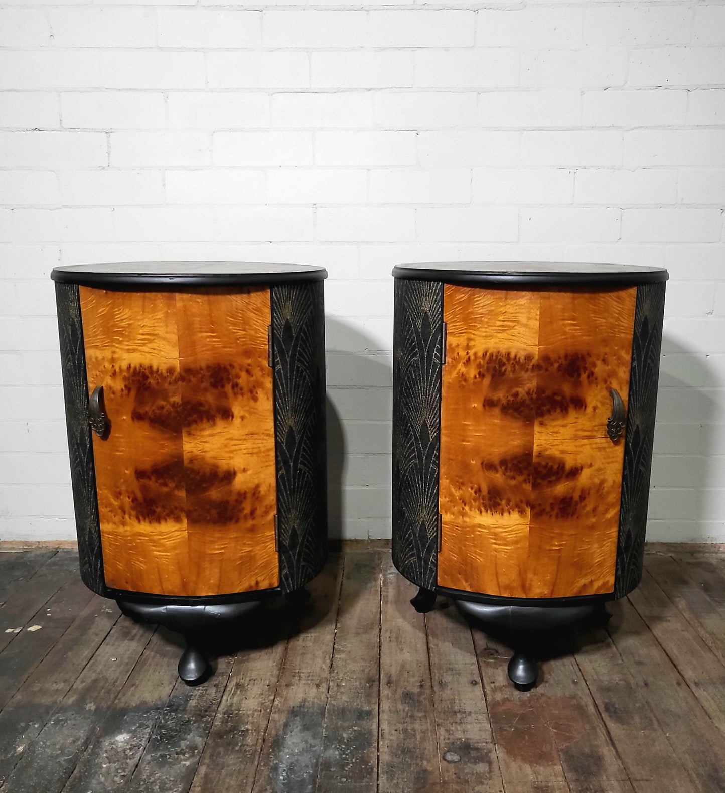 Extremely Rare Pair of Art Deco Parisian Barrel-Form Bedside Cabinets