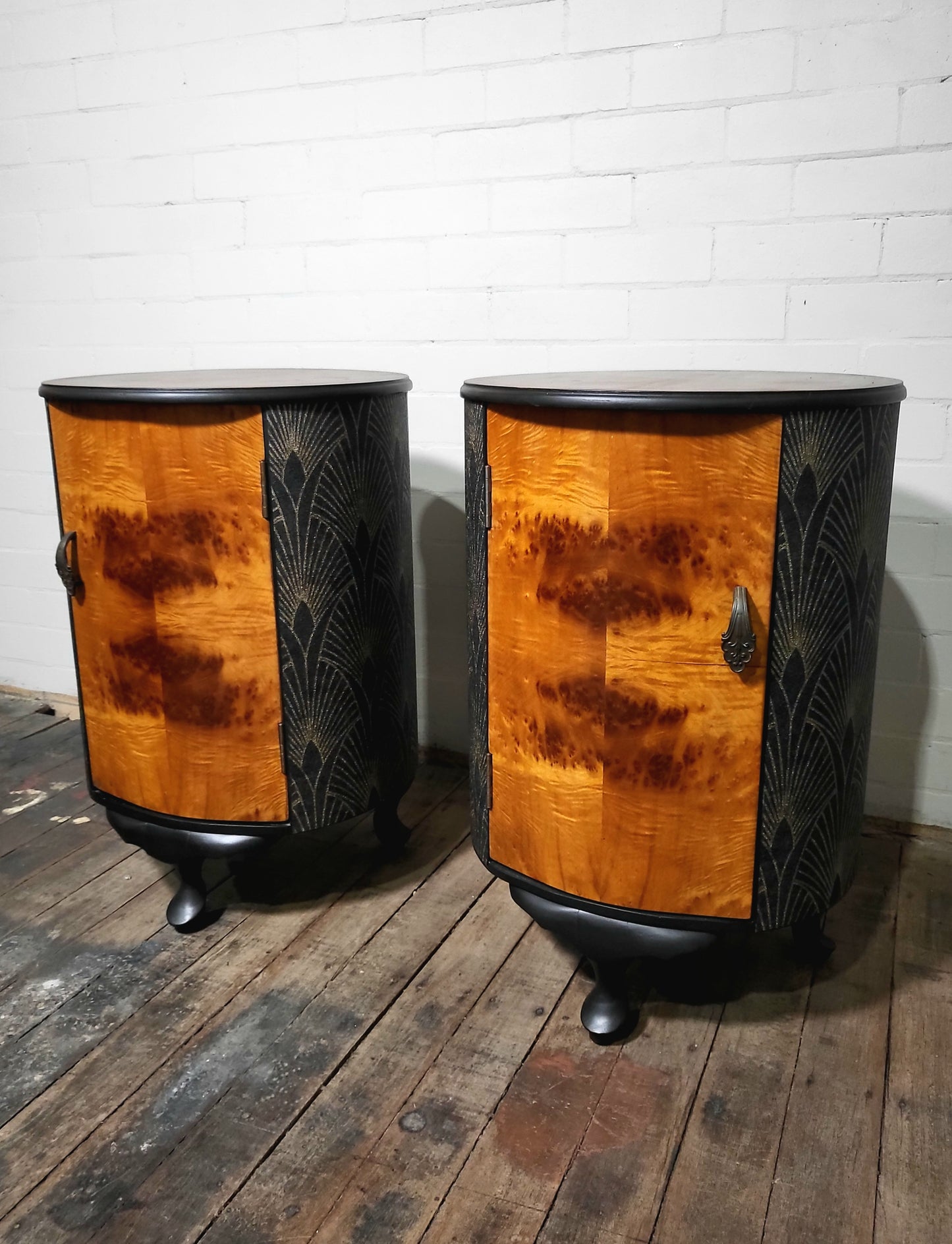 Extremely Rare Pair of Art Deco Parisian Barrel-Form Bedside Cabinets
