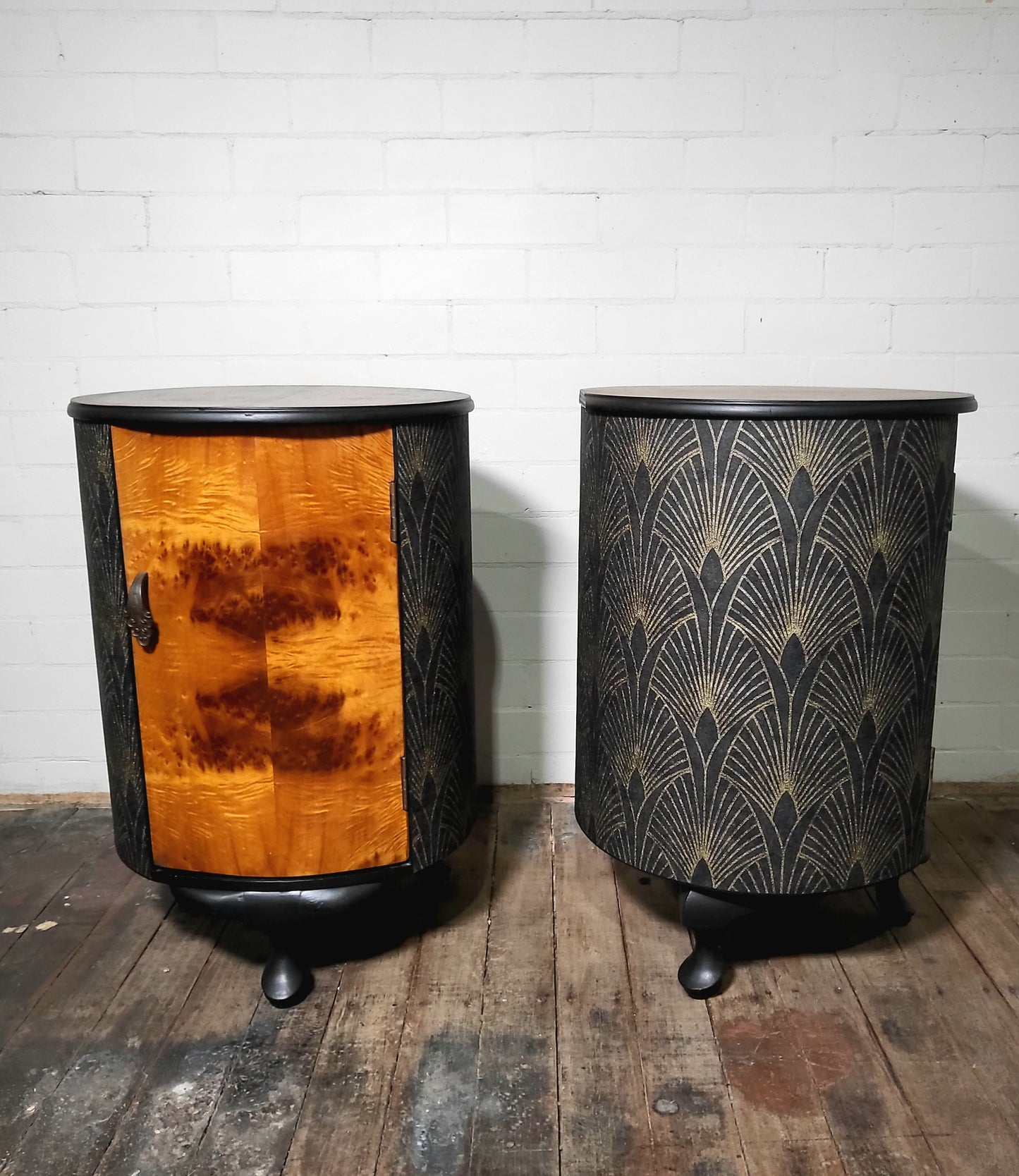 Extremely Rare Pair of Art Deco Parisian Barrel-Form Bedside Cabinets