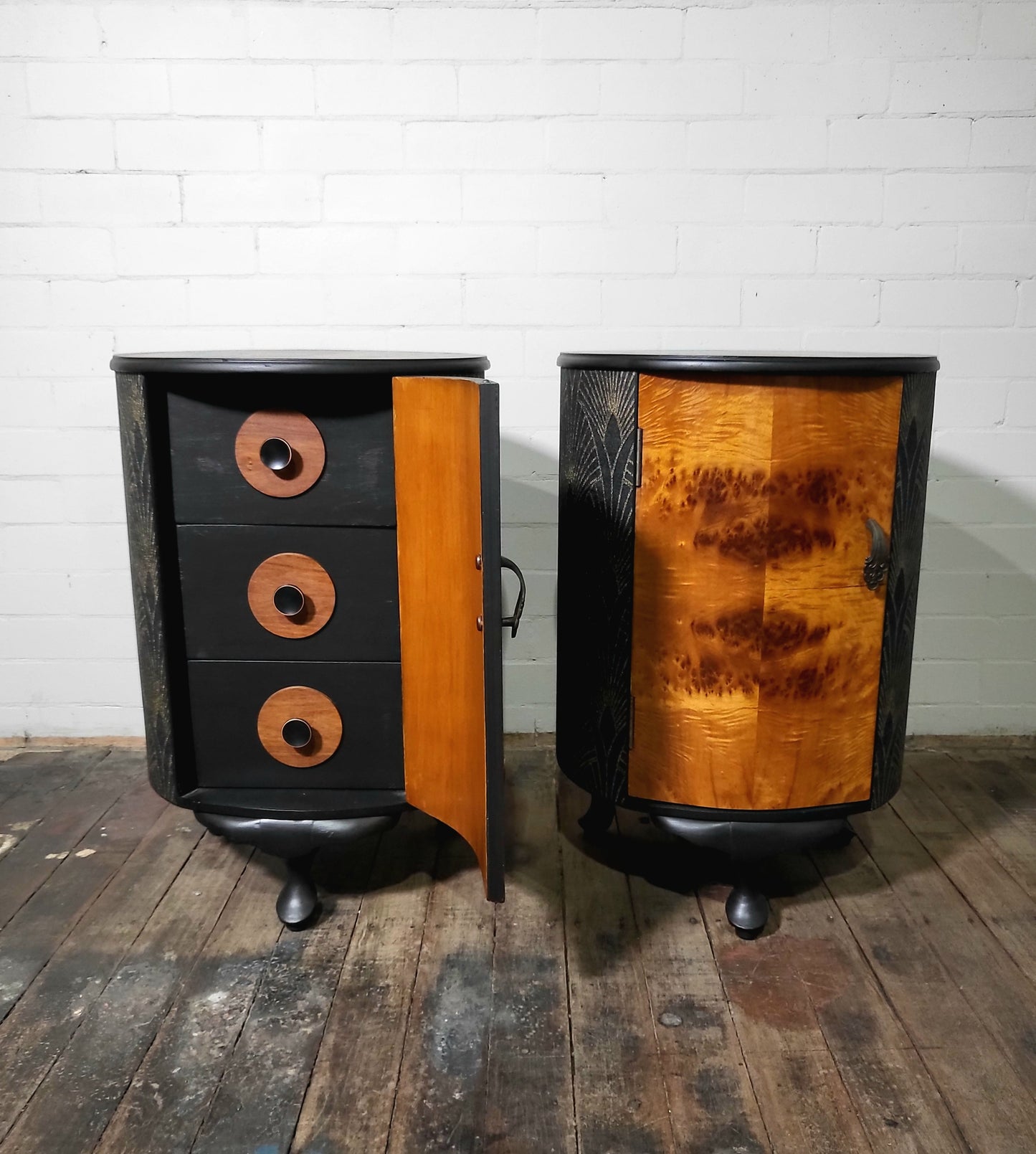 Extremely Rare Pair of Art Deco Parisian Barrel-Form Bedside Cabinets