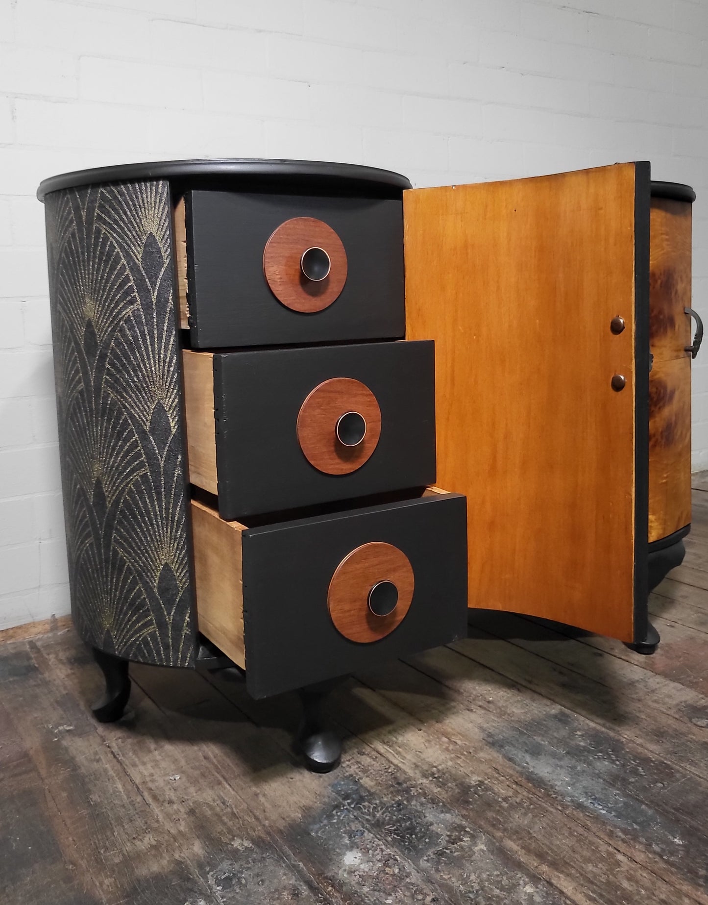 Extremely Rare Pair of Art Deco Parisian Barrel-Form Bedside Cabinets