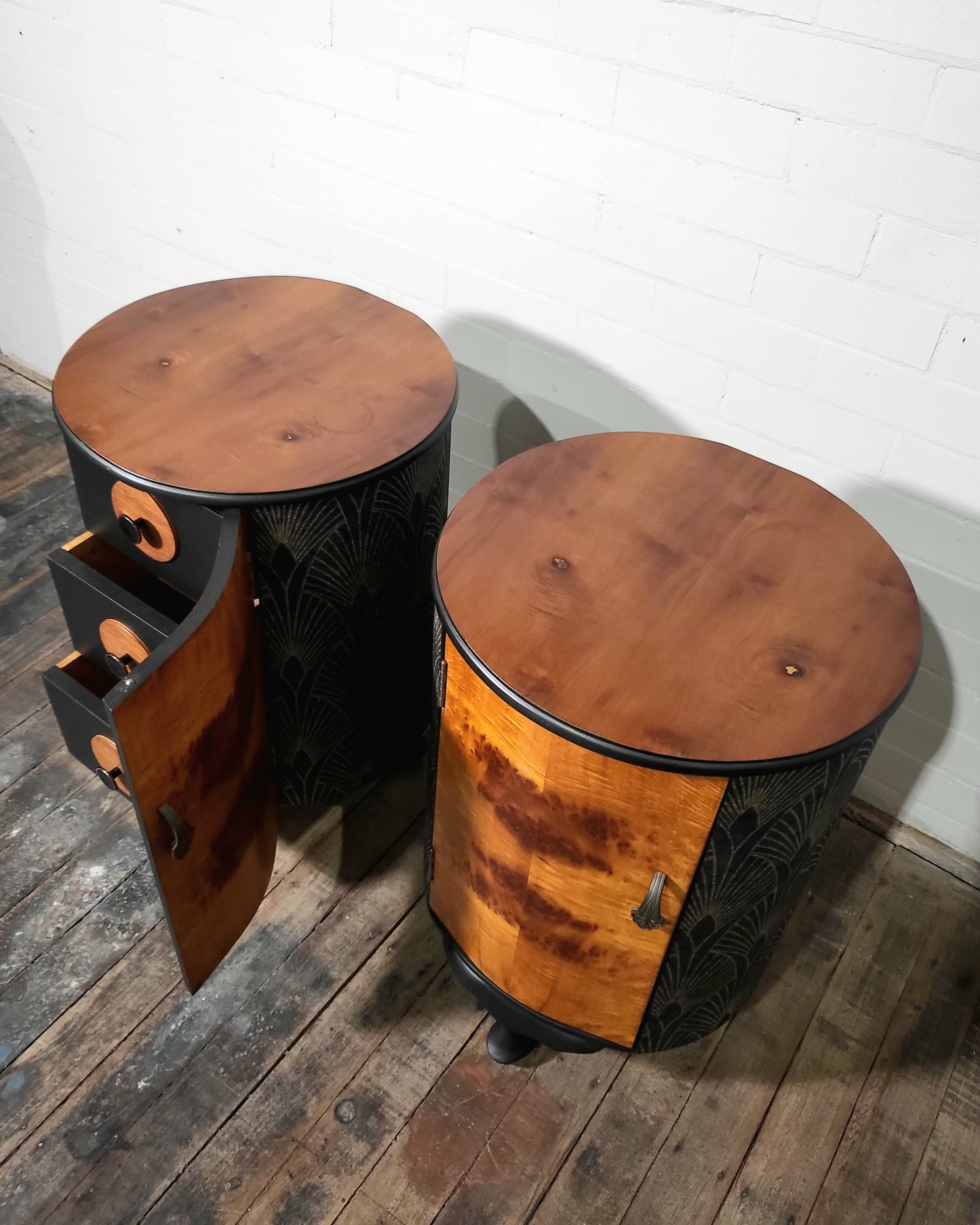Extremely Rare Pair of Art Deco Parisian Barrel-Form Bedside Cabinets