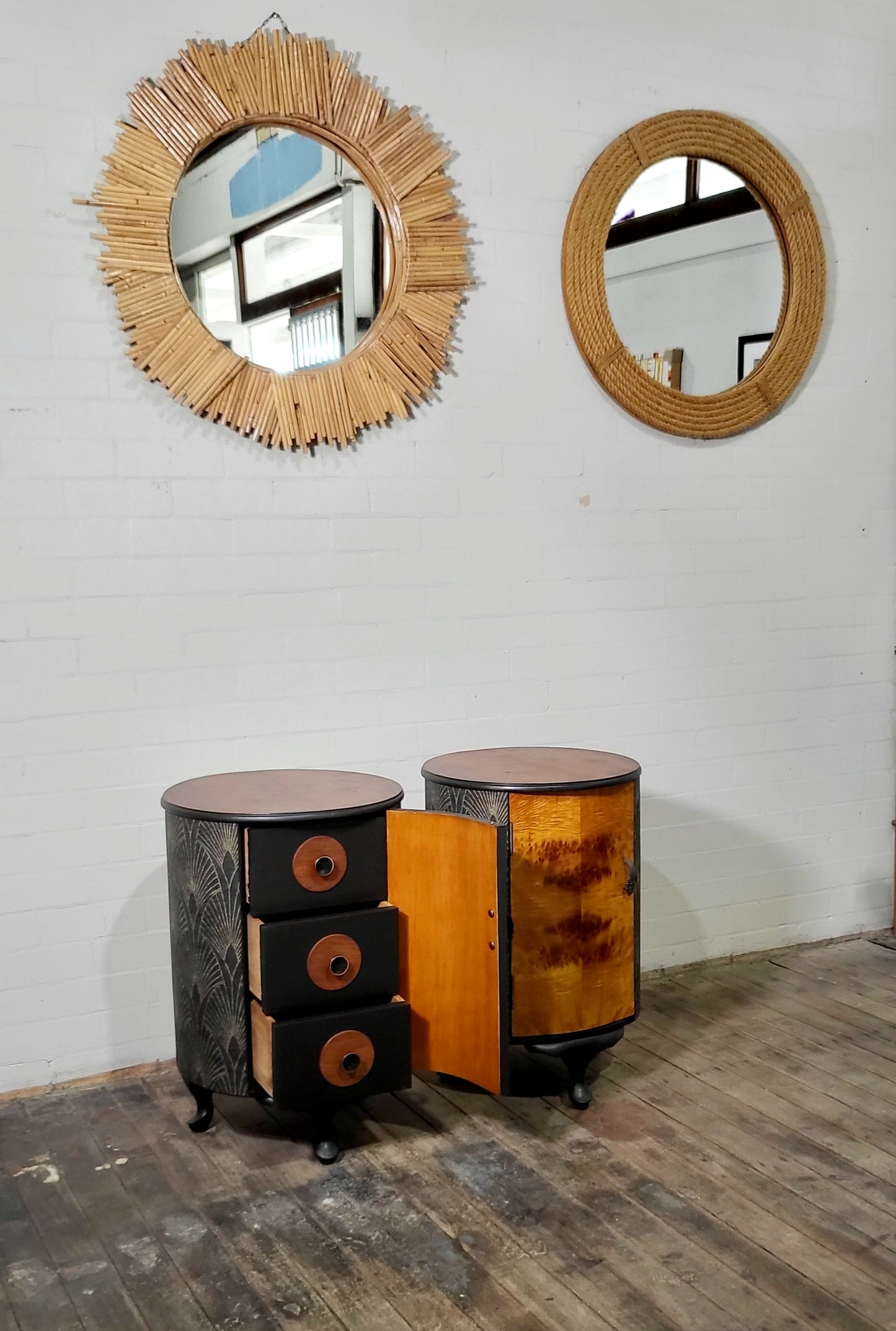 Extremely Rare Pair of Art Deco Parisian Barrel-Form Bedside Cabinets