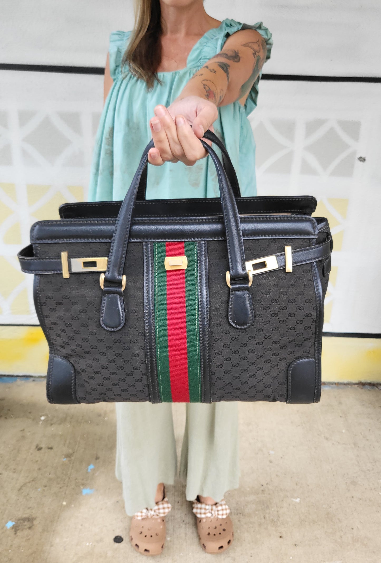 Vintage 1970s Gucci Canvas & Leather Bag