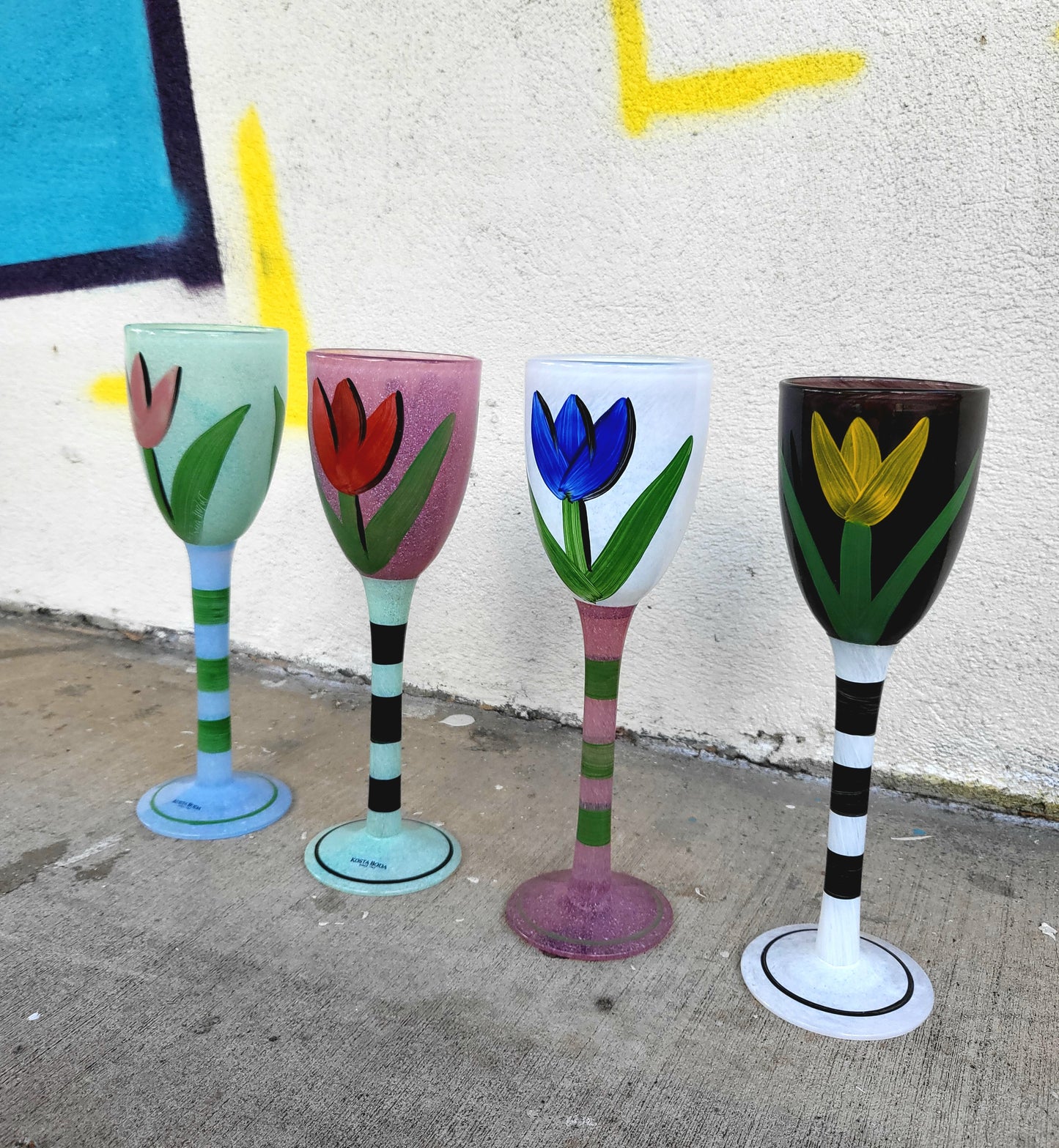 Set of 4 Hand-Painted Kosta Boda Goblets by Ulrica Hydman-Vallien