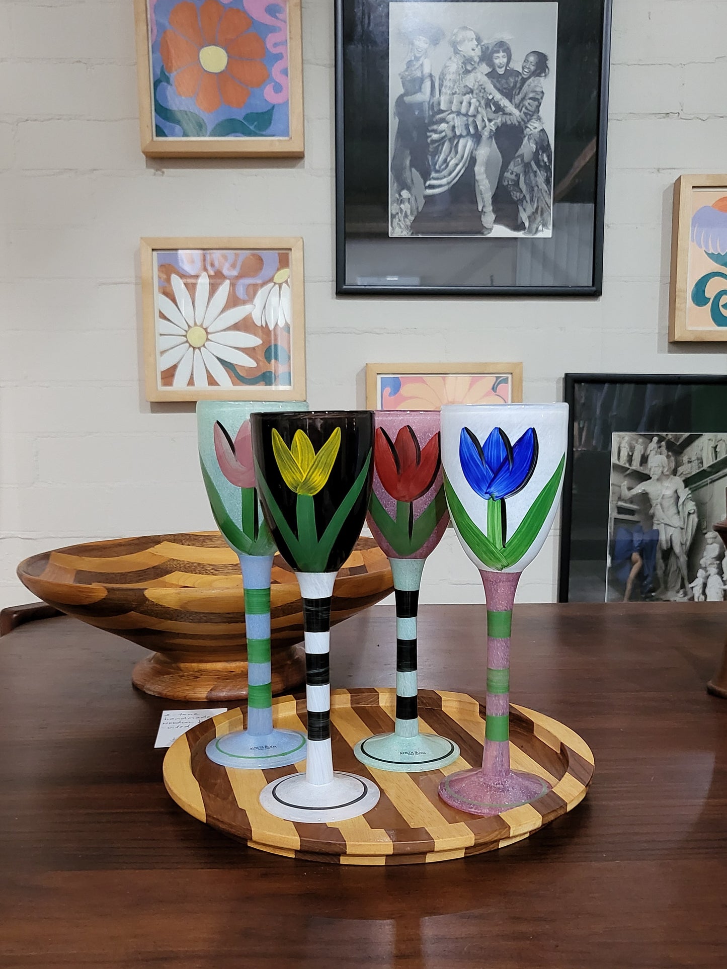 Set of 4 Hand-Painted Kosta Boda Goblets by Ulrica Hydman-Vallien