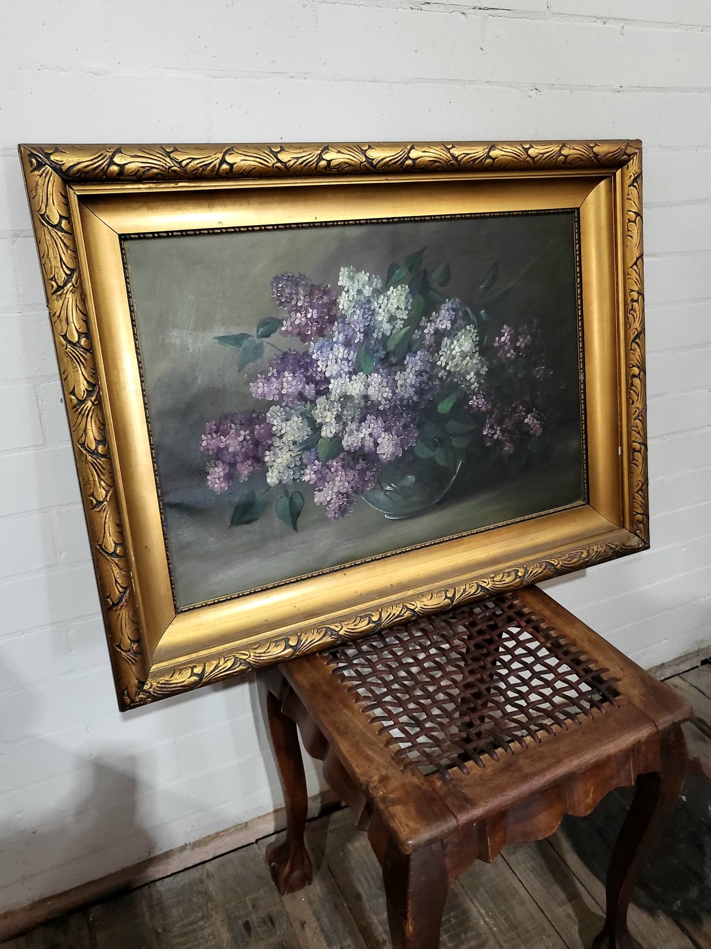 Antique Oil Painting - Lilac Still Life in Gilt Frame (c. 1920s)