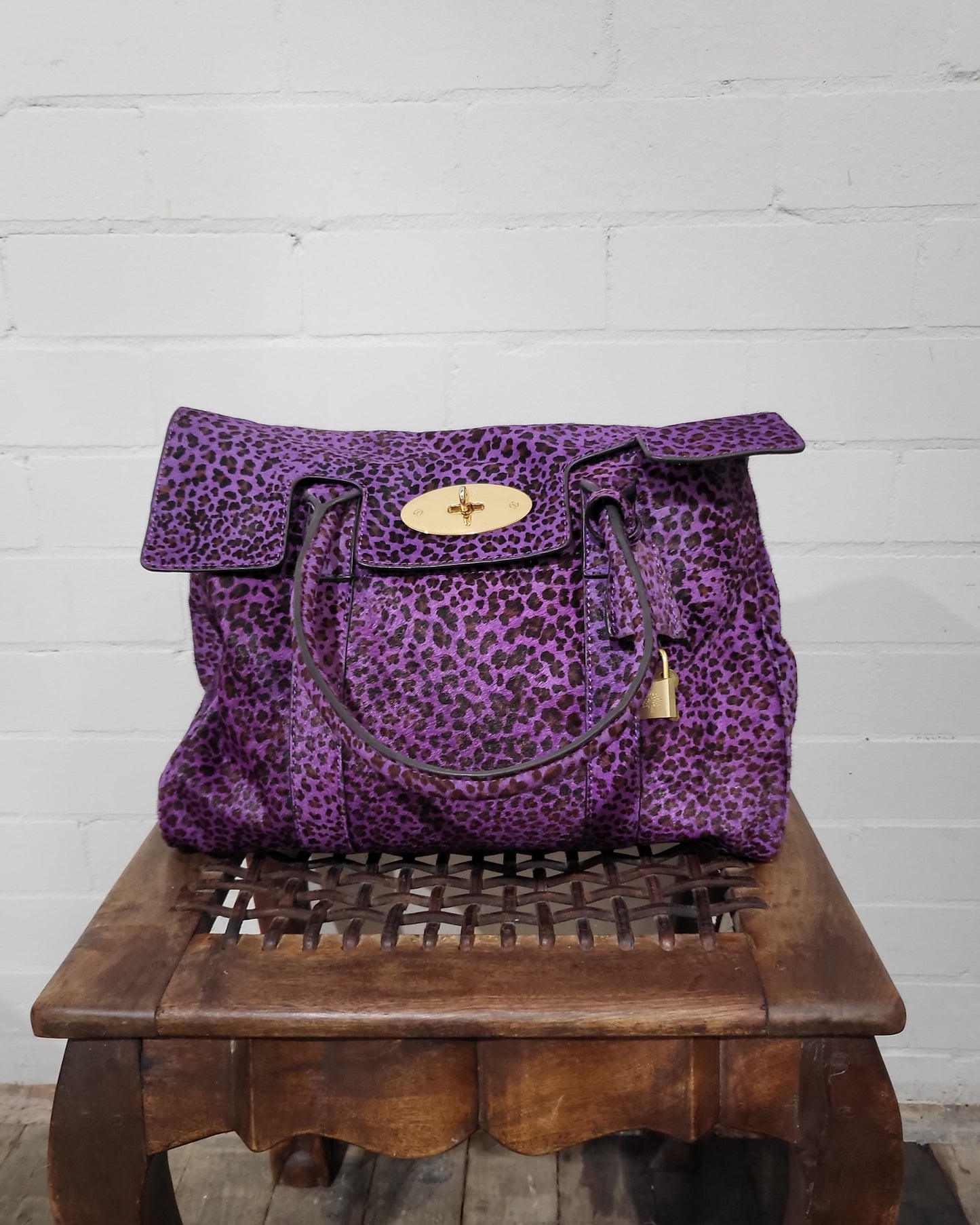 Mulberry Leopard Print Pony Hair Bayswater Bag - Purple Leather