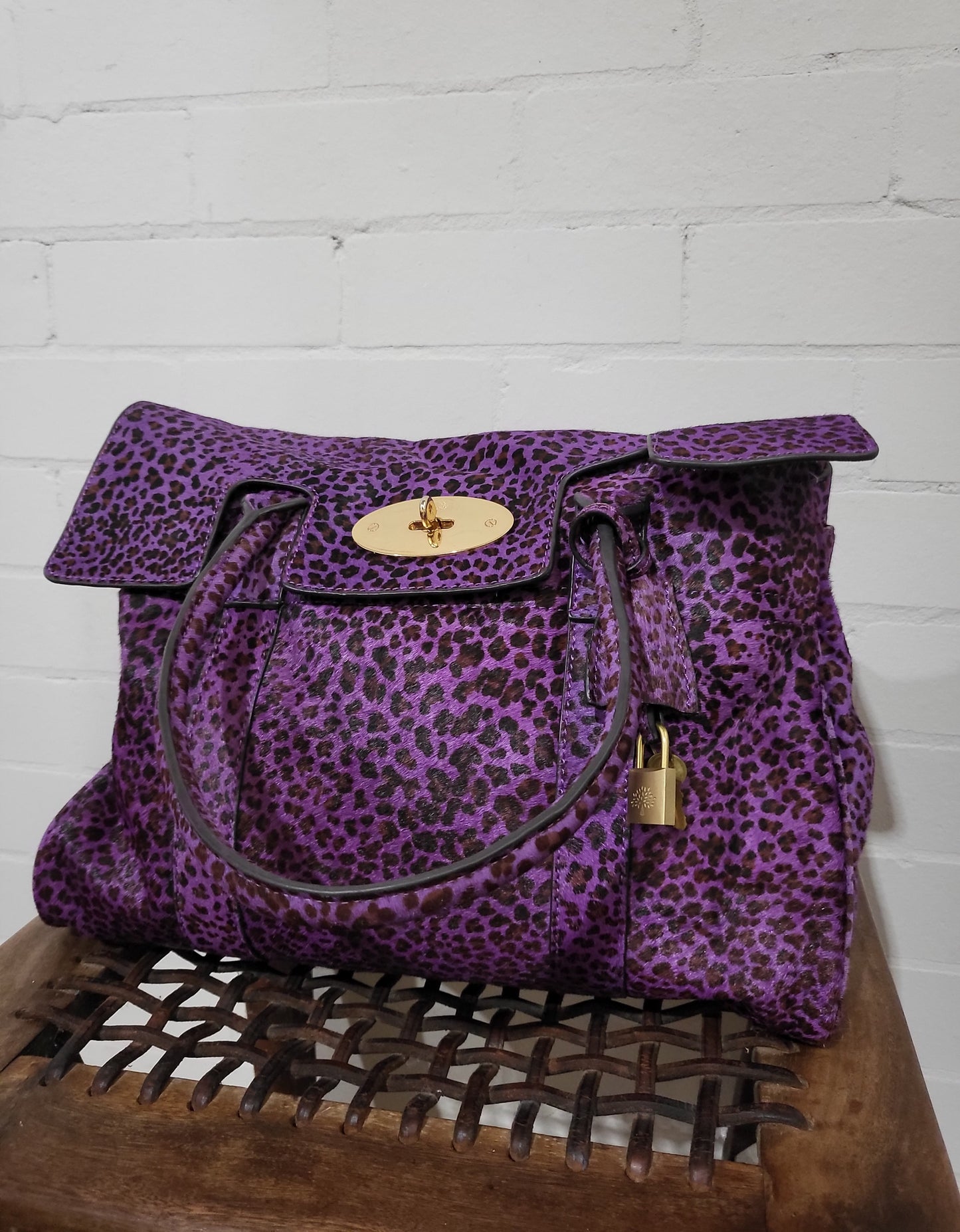 Mulberry Leopard Print Pony Hair Bayswater Bag - Purple Leather