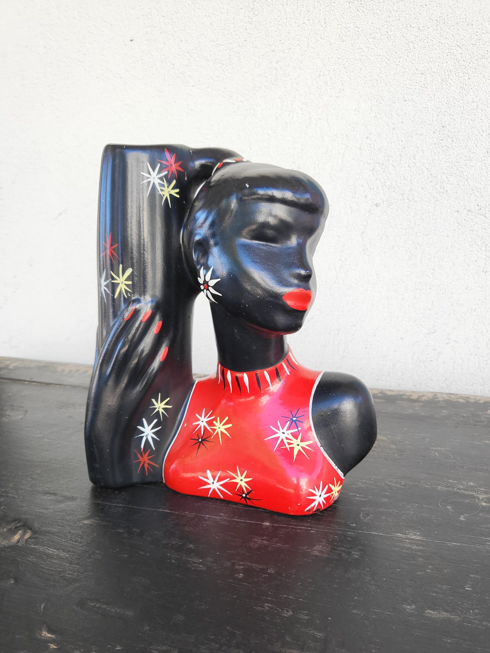 Detail of Barsony bust lamp base, starburst dress pattern and stylised features.