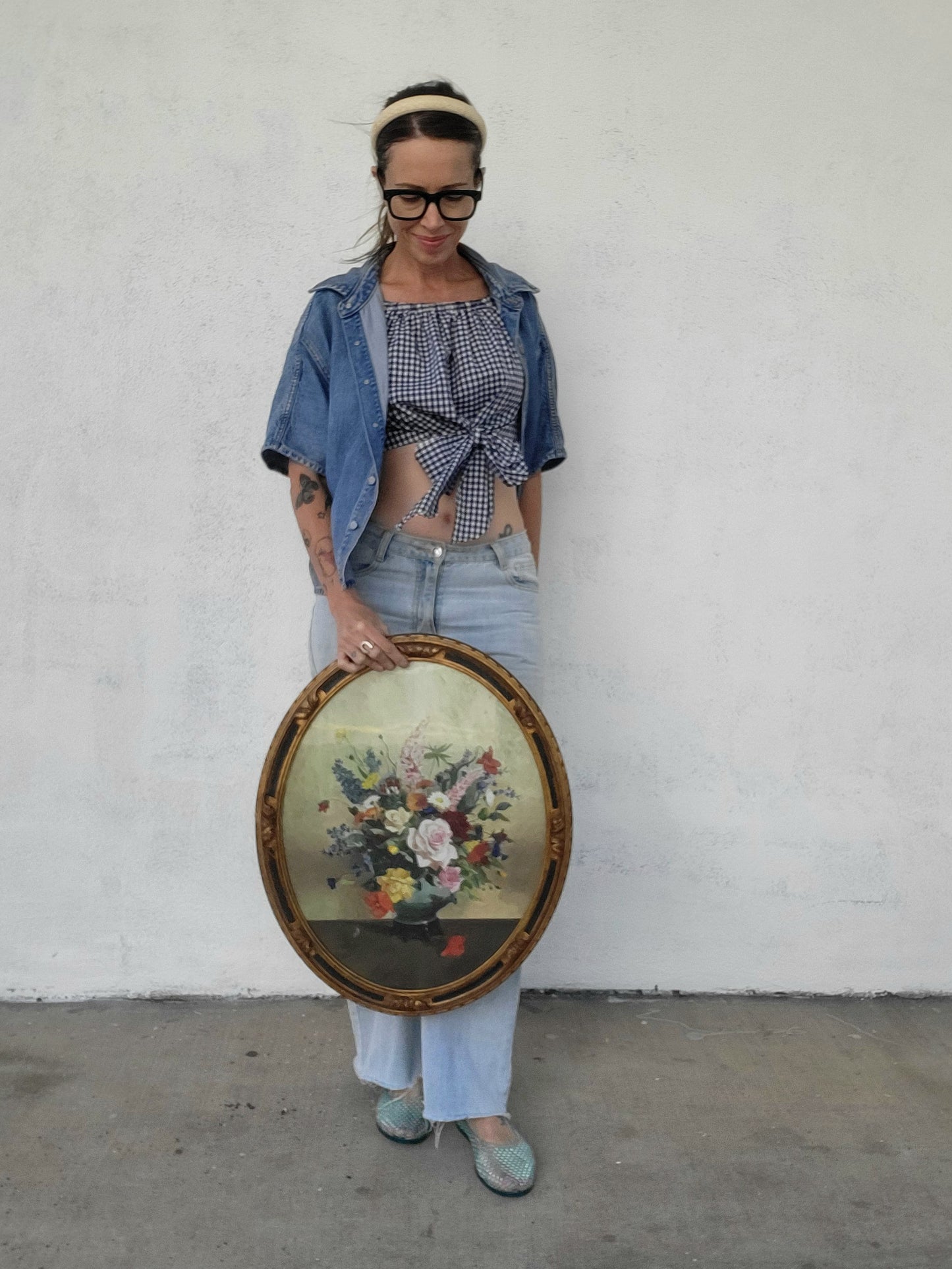 Antique Oil on Board Floral Still Life in Gilt Oval Frame (c. 1900-1930s)