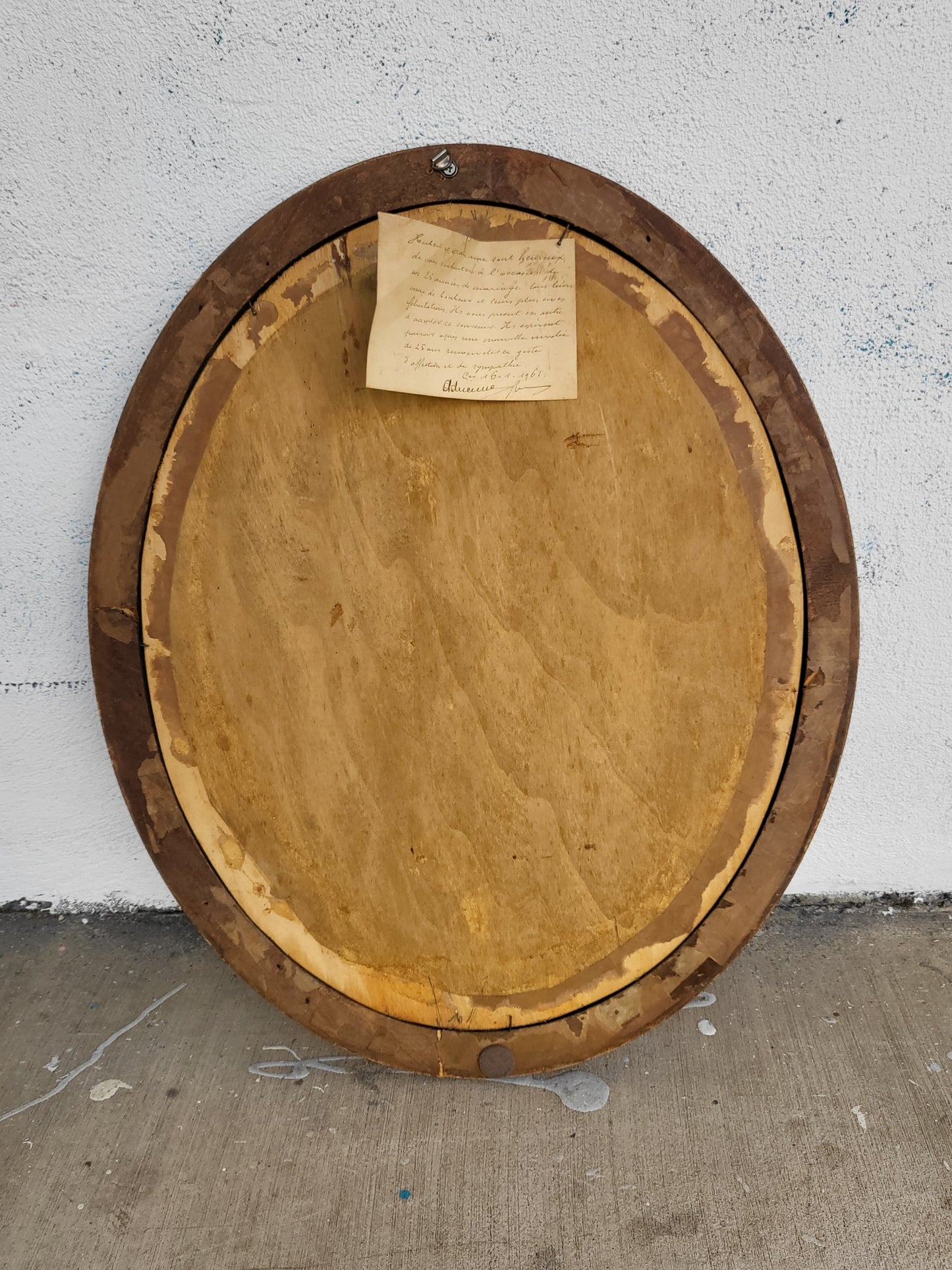 Reverse of frame showing handwritten French provenance note dated 1961