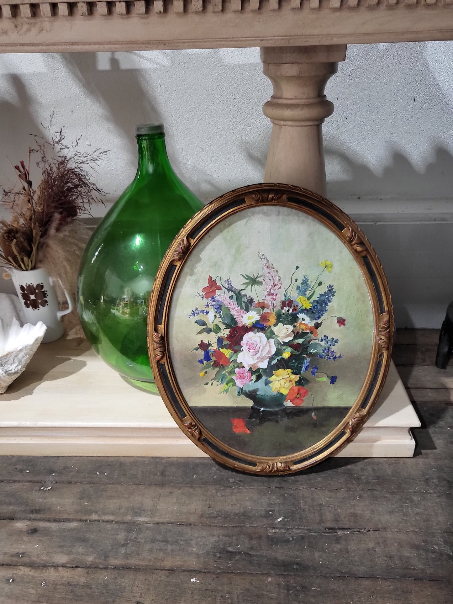 Antique Oil on Board Floral Still Life in Gilt Oval Frame (c. 1900-1930s)