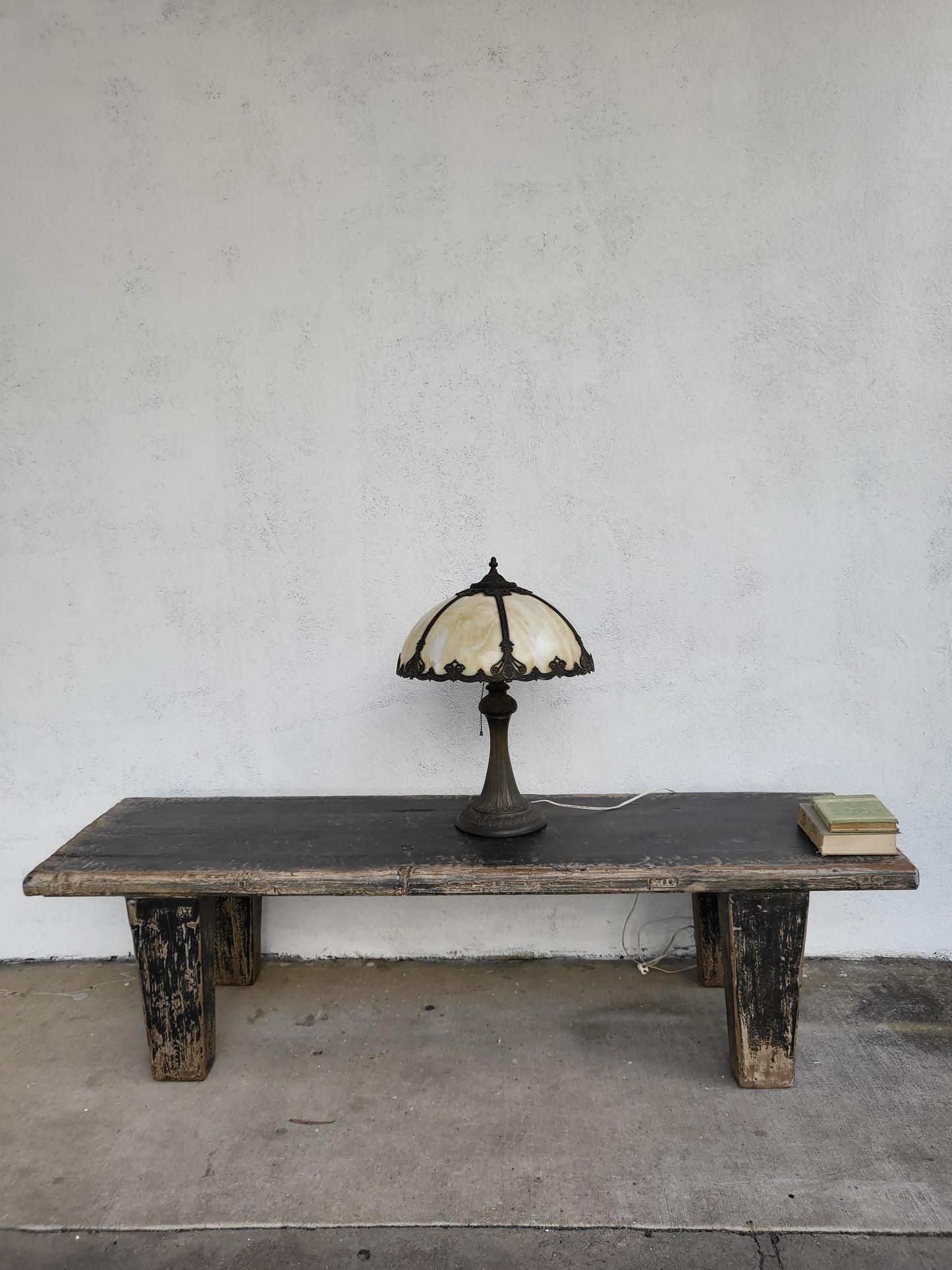 Antique Slag Glass Lamp with Ornate Metal Base