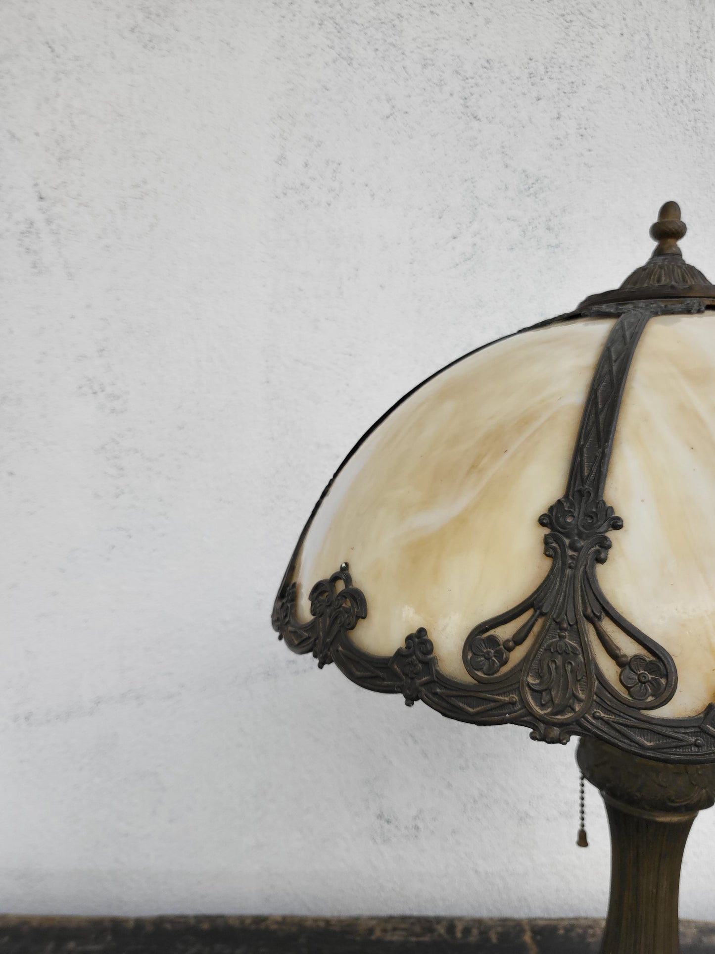 Antique Slag Glass Lamp with Ornate Metal Base