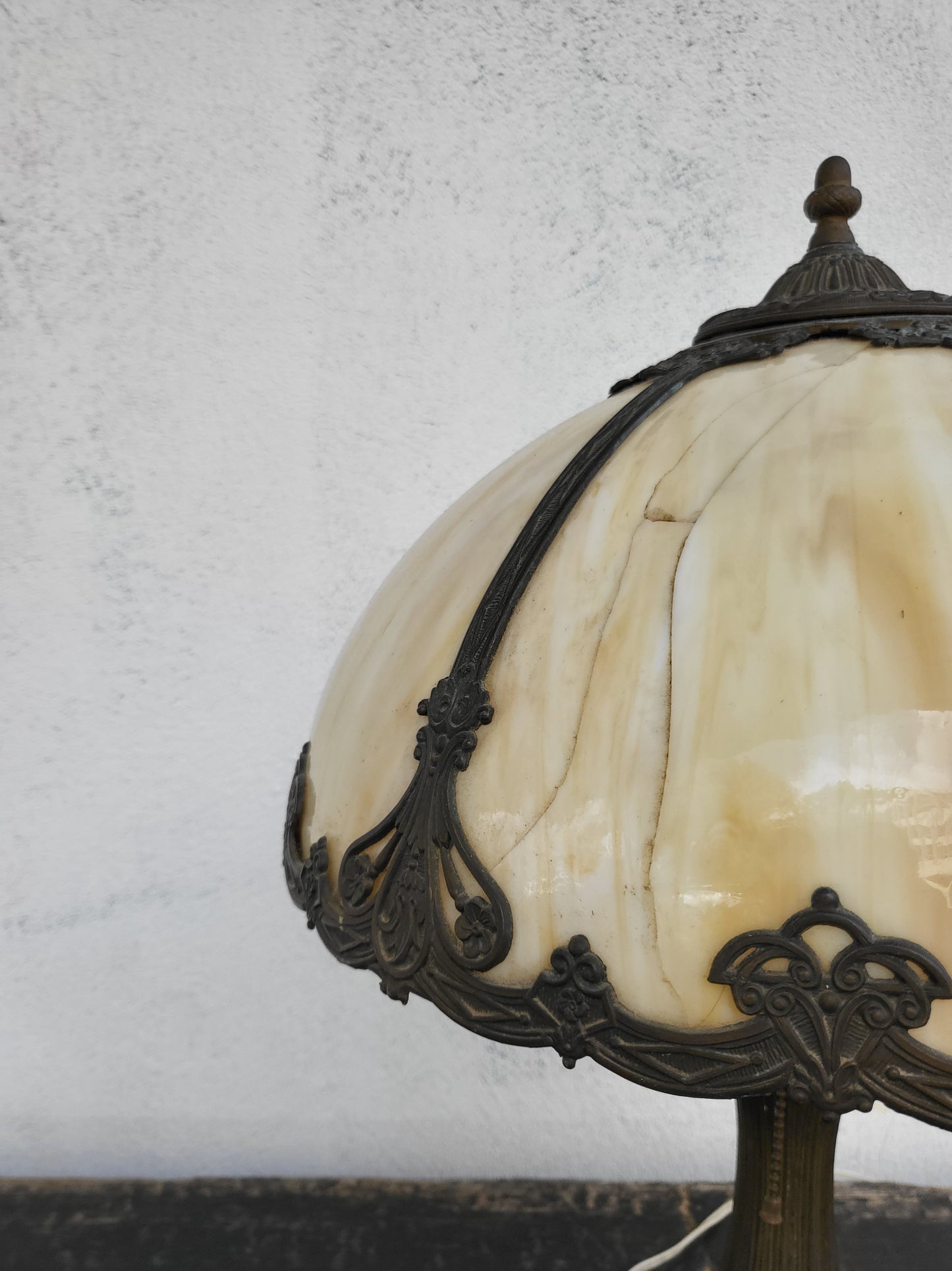 Antique Slag Glass Lamp with Ornate Metal Base