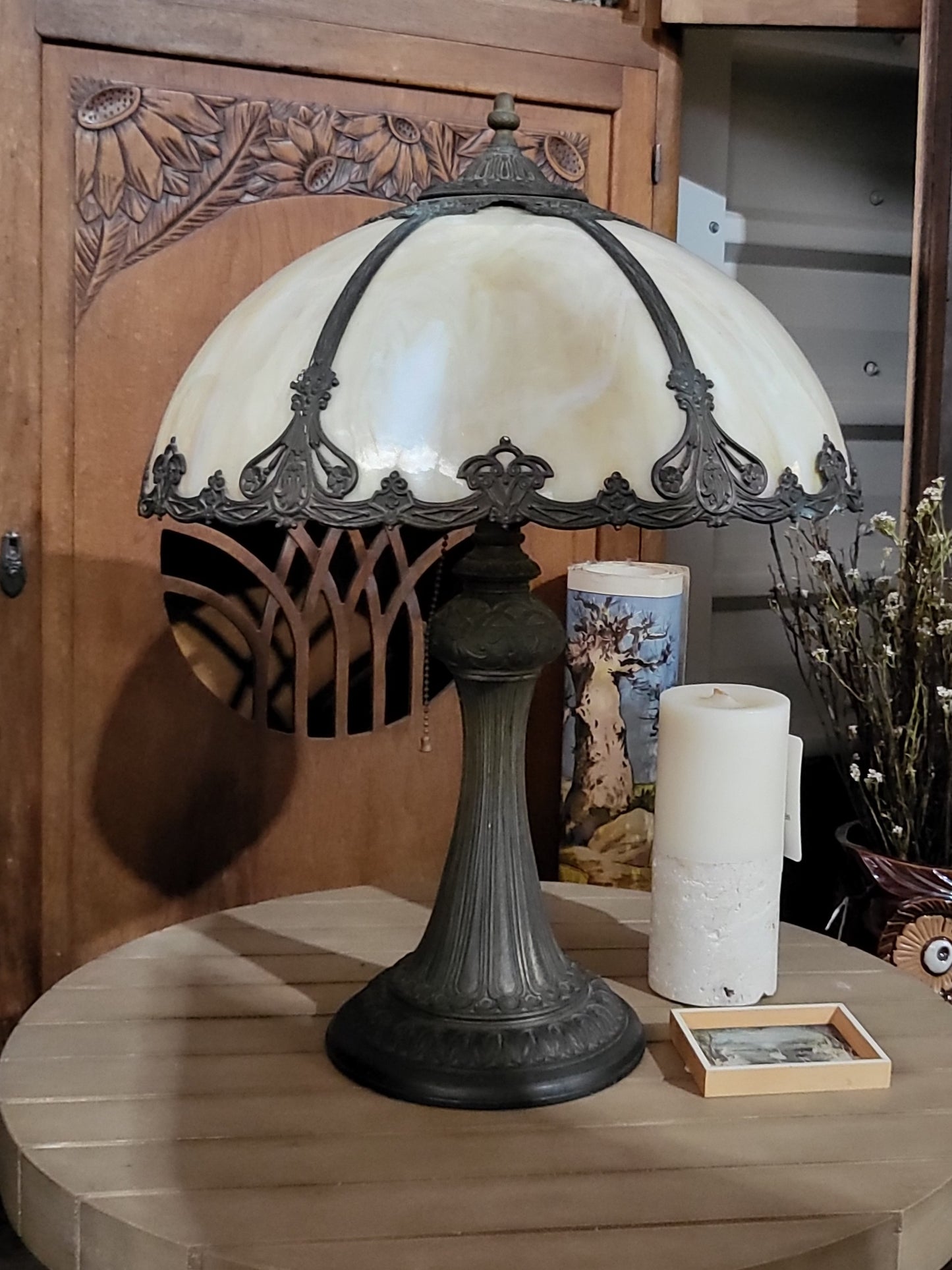 Antique Slag Glass Lamp with Ornate Metal Base