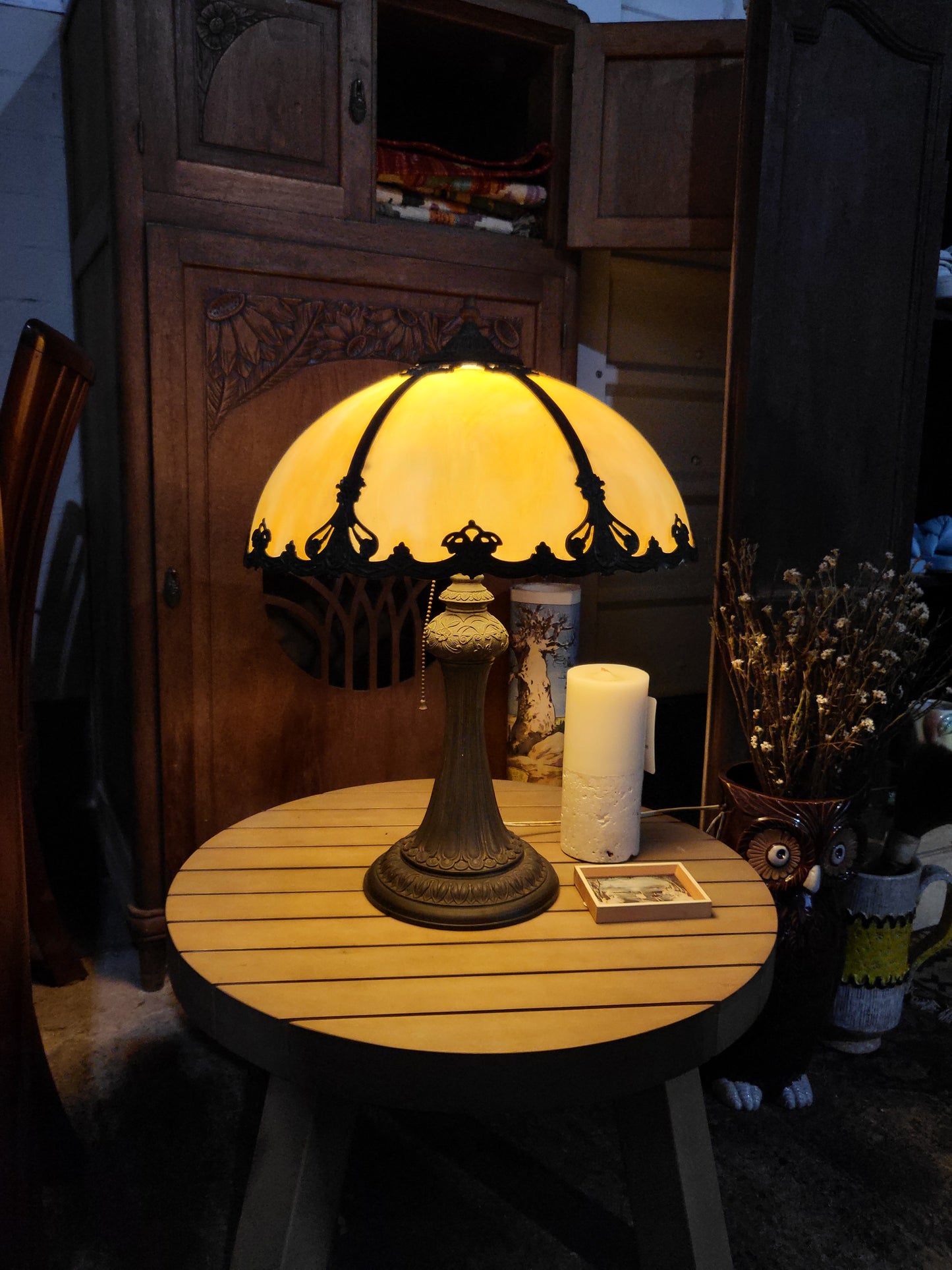 Antique Slag Glass Lamp with Ornate Metal Base