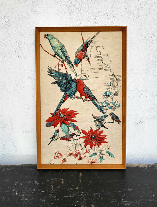 Vintage padded textile art of Australian birds and poinsettia with Queensland map in timber frame