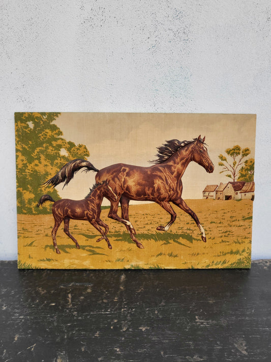 Vintage padded textile wall art featuring a mare and foal running across a field with farmhouse in background, 68cm x 45cm