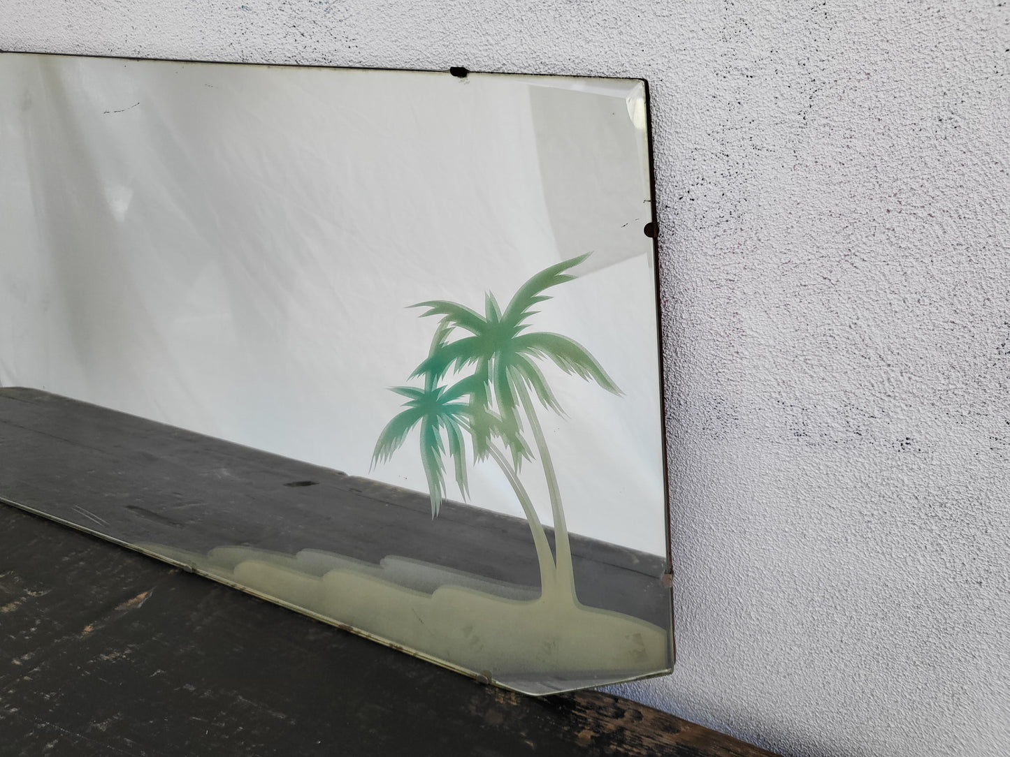 Rare Mid-Century Bevelled Mirror with Tropical Palm Motif - c.1940s-50s