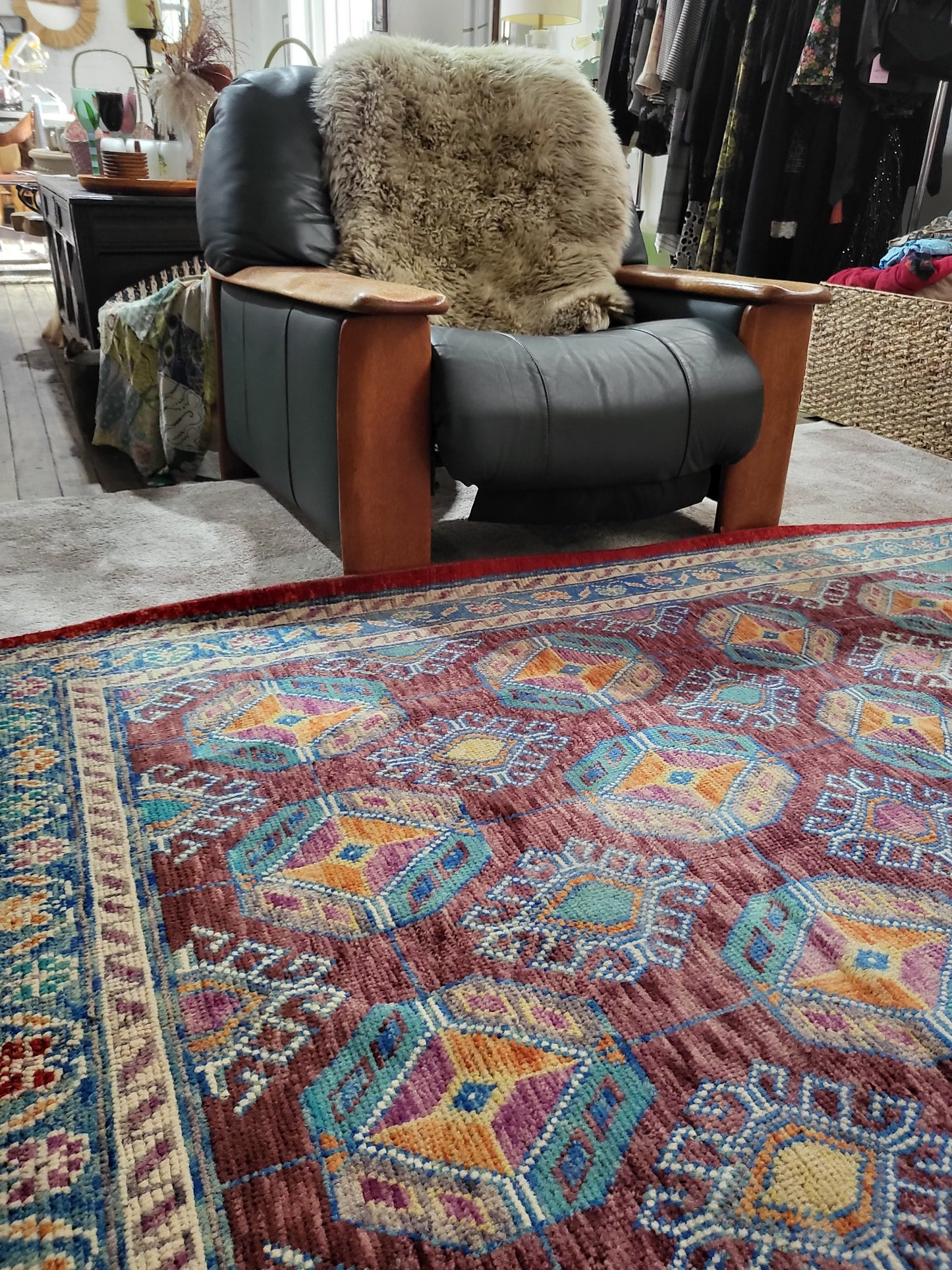 Afghan Chobi rug – hand-knotted wool with geometric tribal design in vegetable dyes, 242 x 183 cm