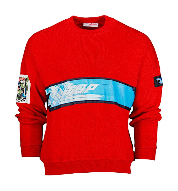 Red vintage wool ZZ Top sweater with blue logo band and sleeve patches, owned by Dusty Hill of ZZ Top.