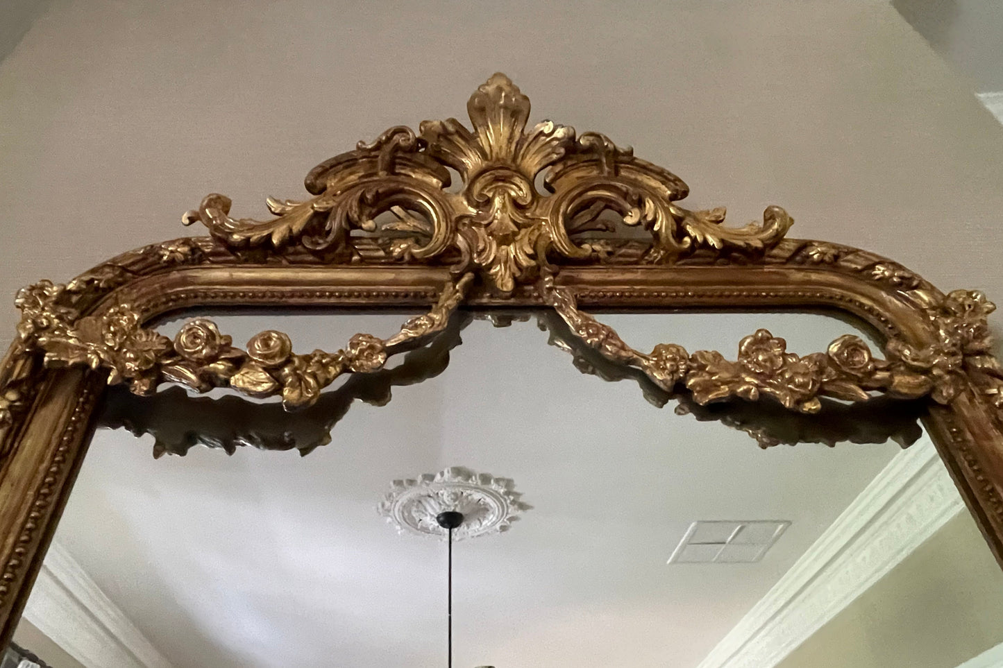 French giltwood gesso mirror c.1860 with ornate crest