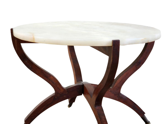 Unique Mid-Century Marble-Top Side Table on Timber Base