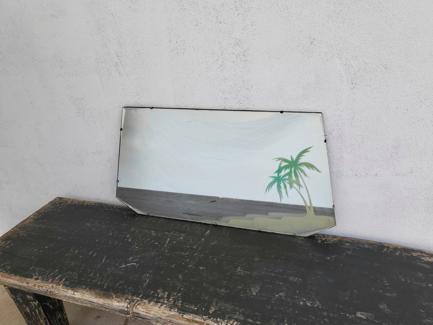 Rare Mid-Century Bevelled Mirror with Tropical Palm Motif - c.1940s-50s