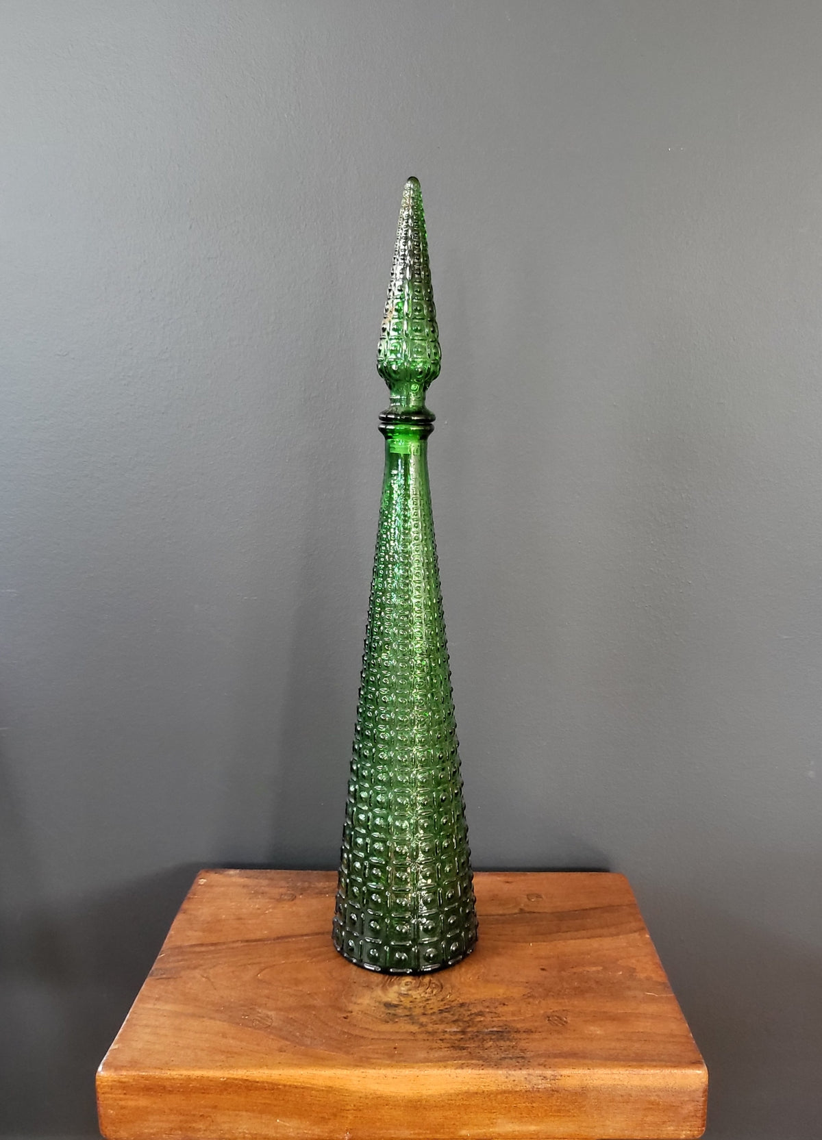 Mid-Century Empoli Emerald Green Aztec Art Glass Bottle
