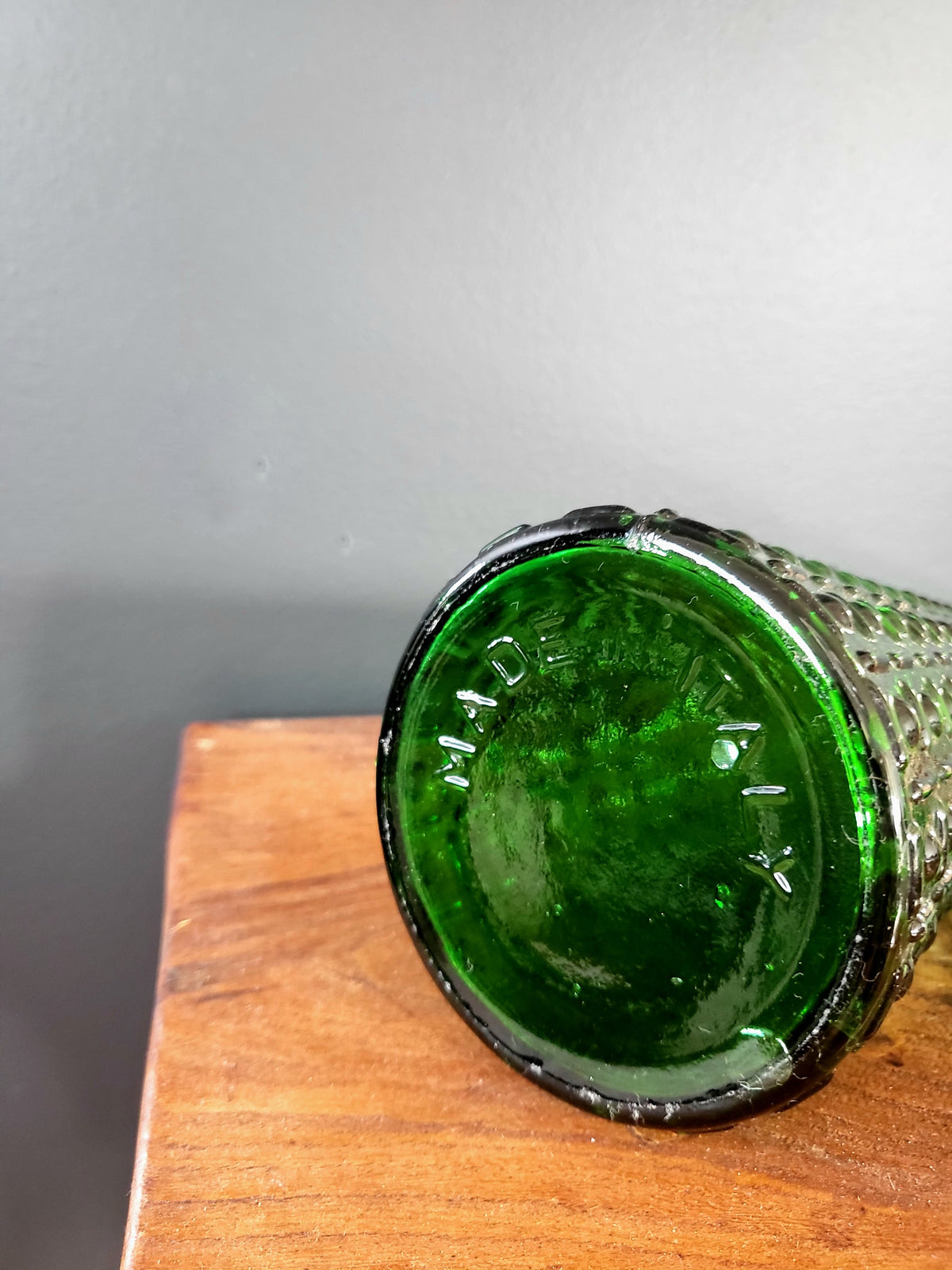 Mid-Century Empoli Emerald Green Aztec Art Glass Bottle