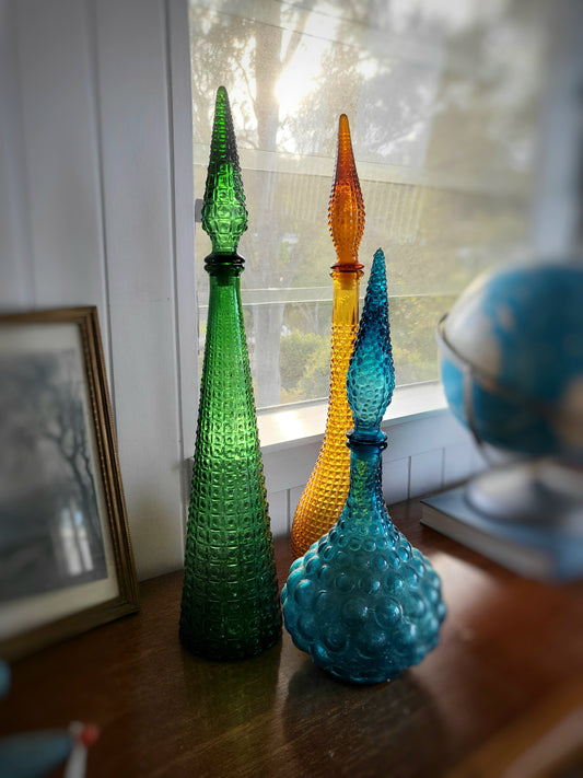 Mid-Century Empoli Emerald Green Aztec Art Glass Bottle