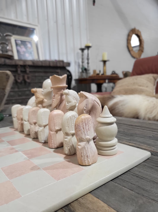 Pink and White Inlaid Stone Chess Set