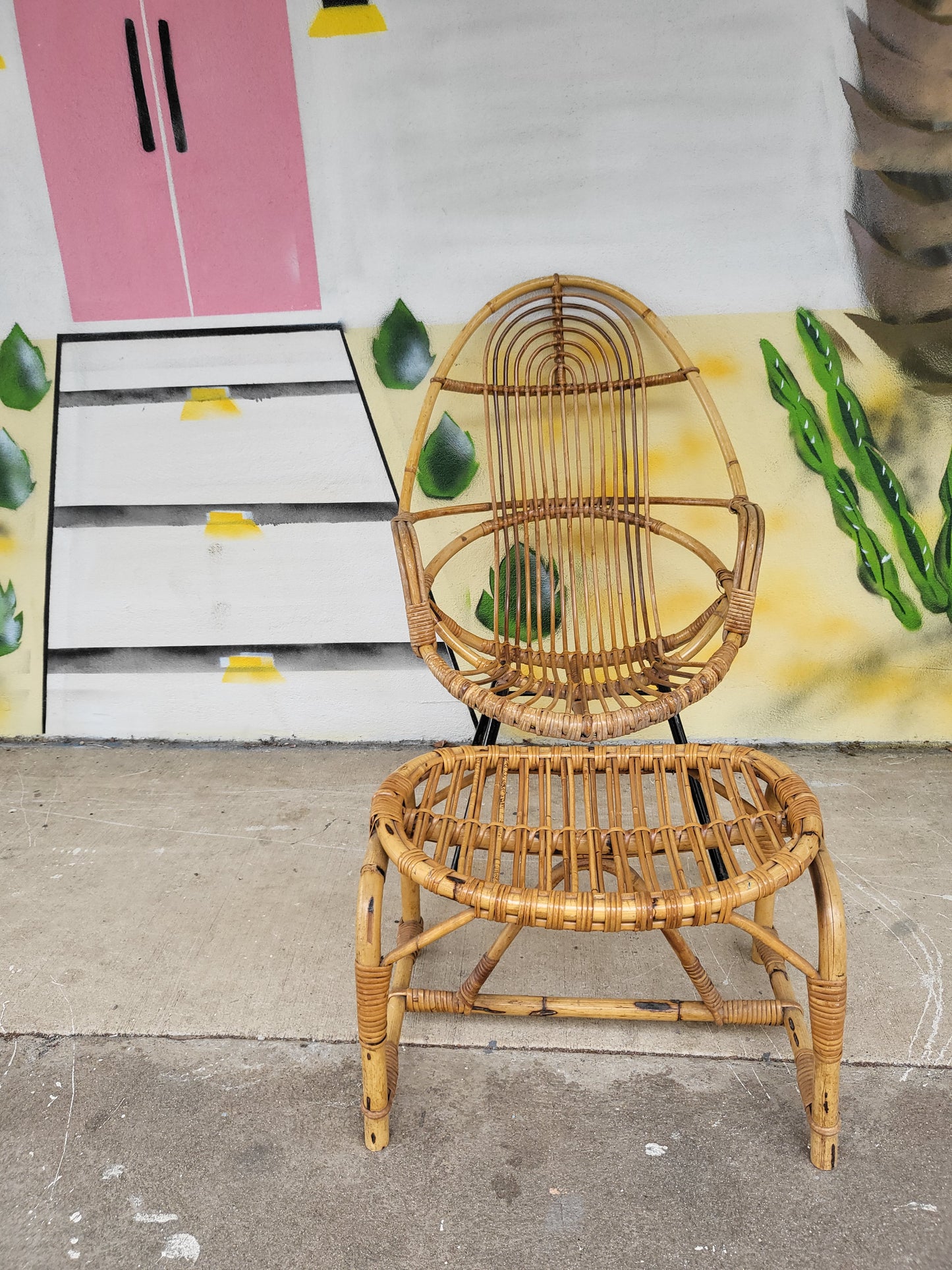 Mid-Century Cane Chair and Ottoman