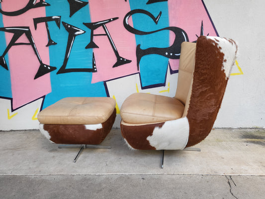 Cow Hide and Leather Swivel Armchair and Ottoman