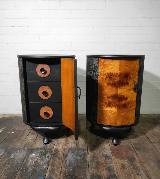 Extremely Rare Pair of Art Deco Parisian Barrel-Form Bedside Cabinets
