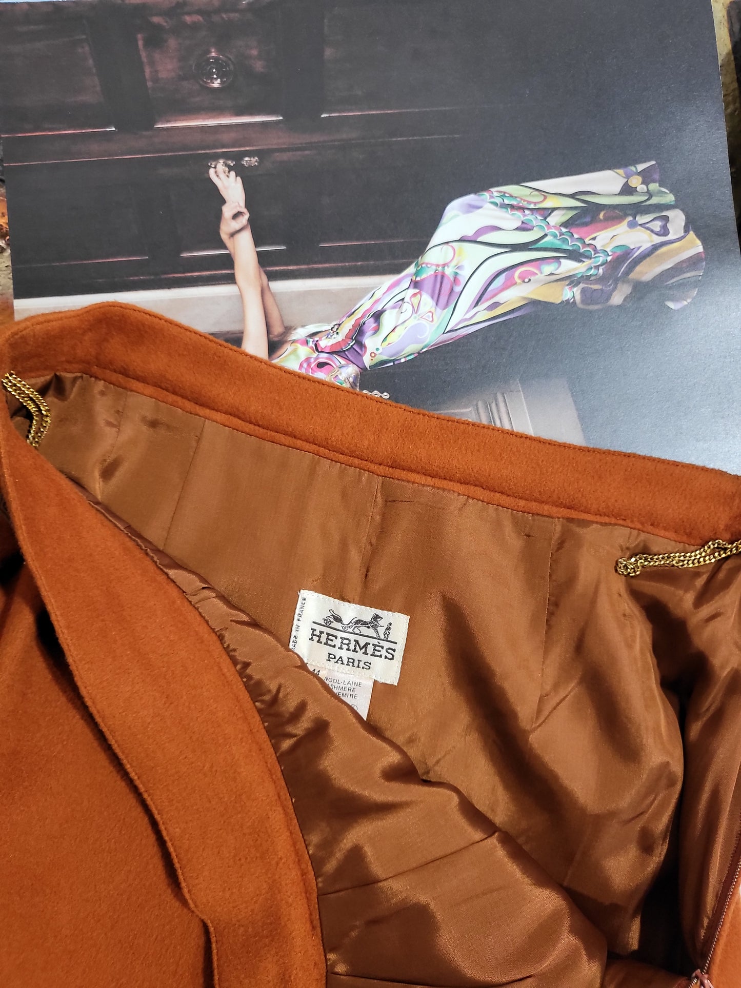 Hermès Paris label on 1980s rust wool skirt