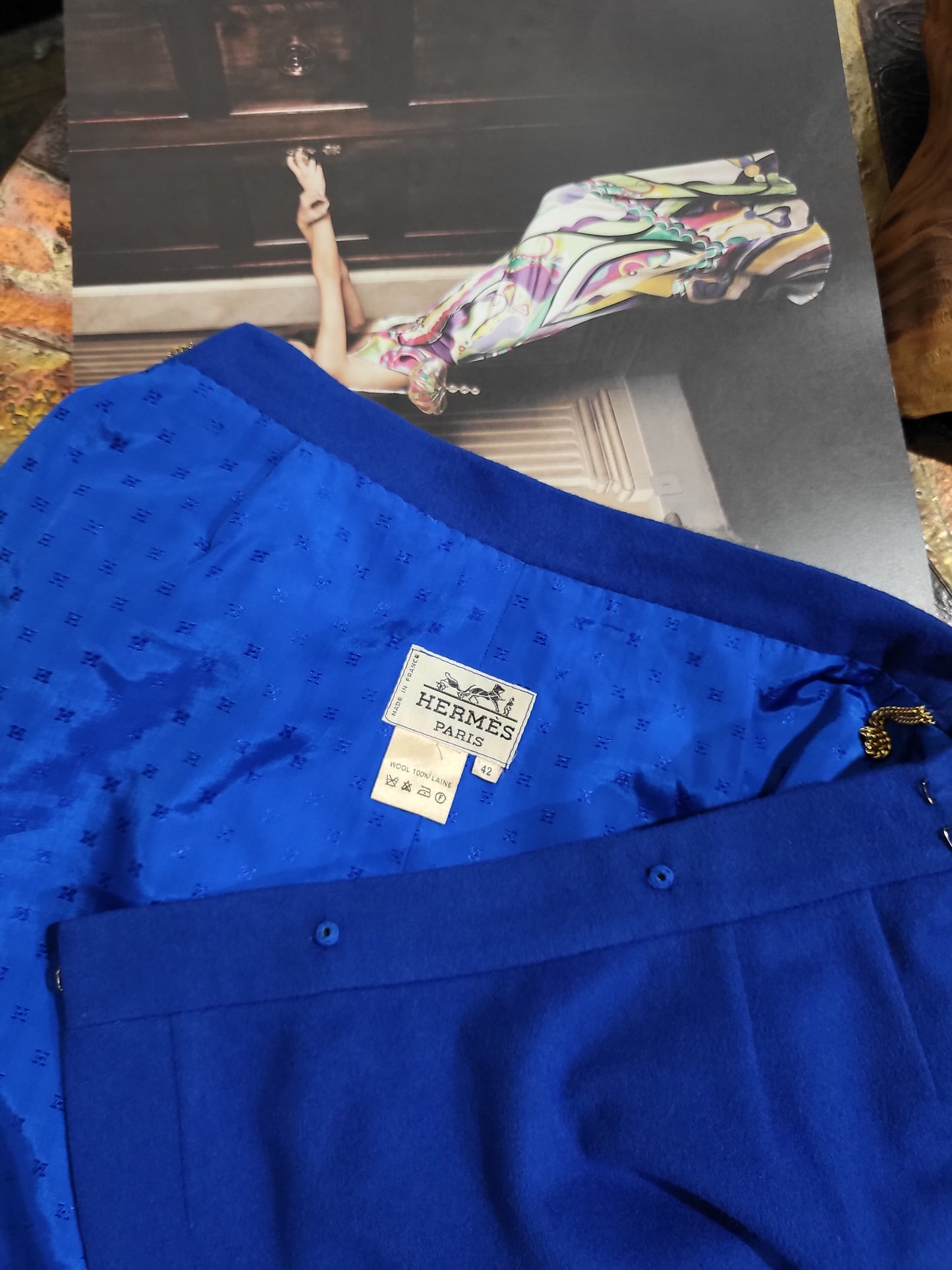 Hermès Paris label on 1980s cobalt blue wool wrap skirt