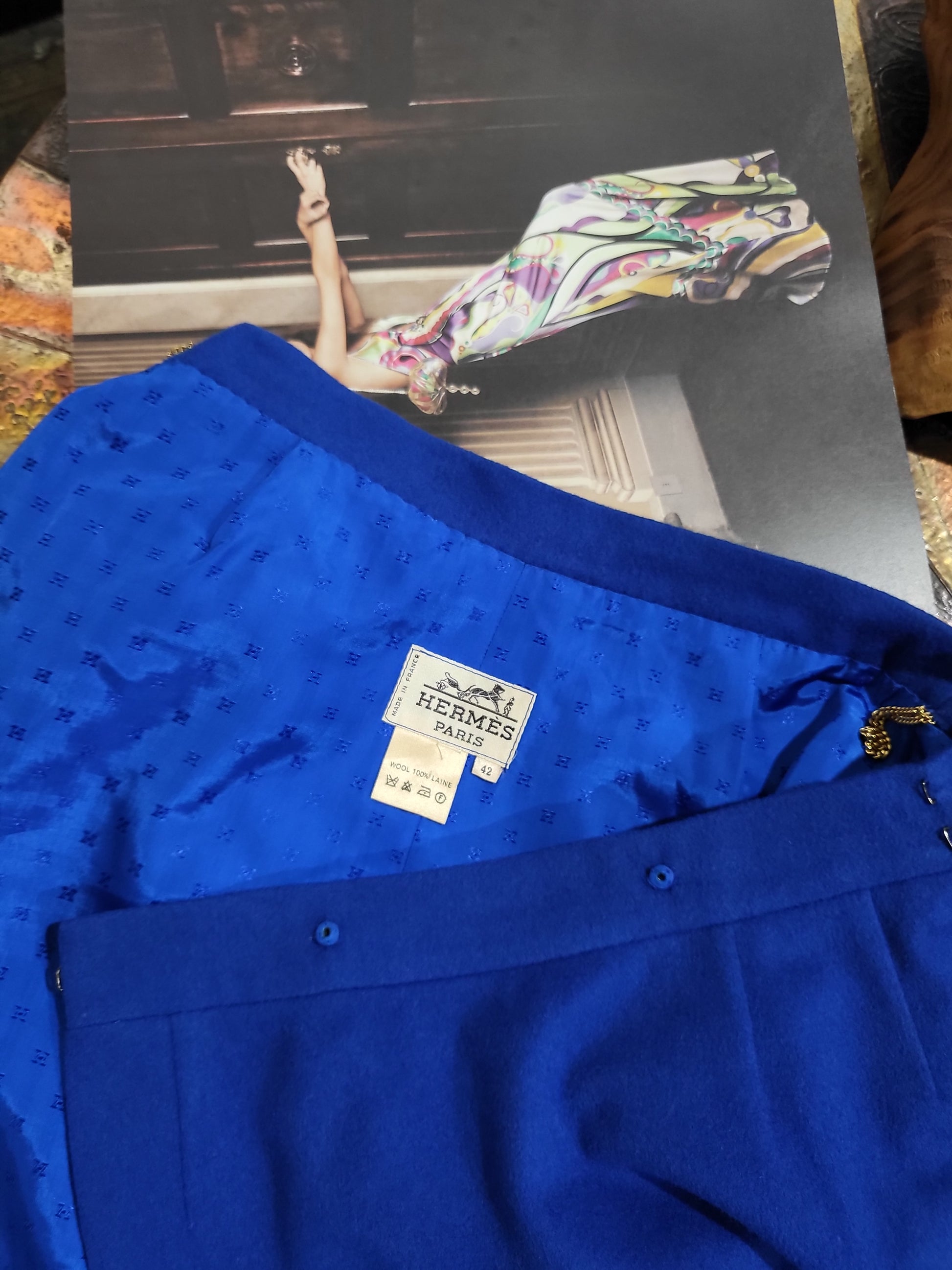 Hermès Paris label on 1980s cobalt blue wool wrap skirt