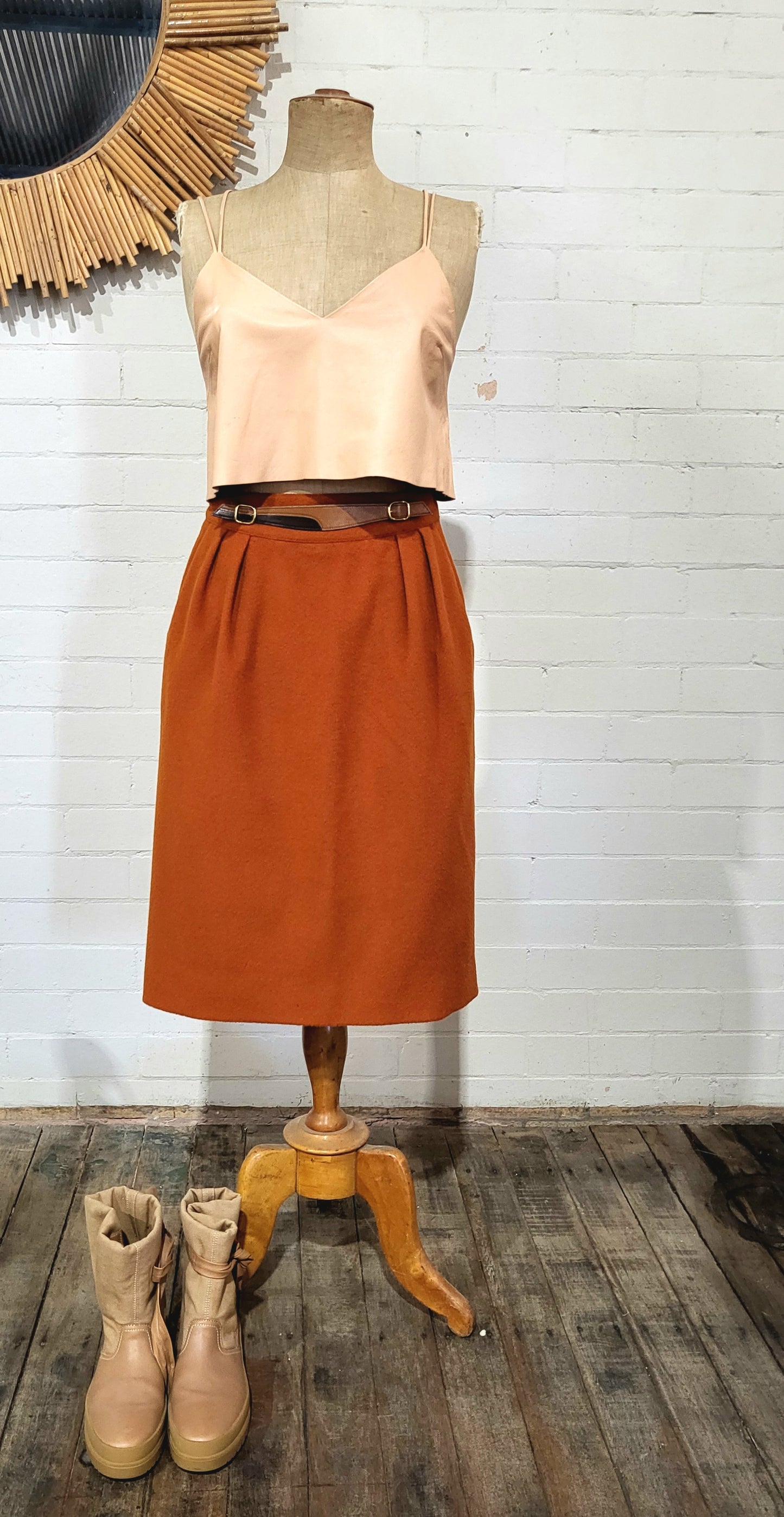Hermès 1980s Rust Wool Skirt with Buckle Detail