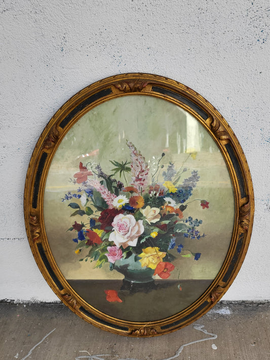 Antique oil on board floral still life painting in gilt oval frame, early 20th century