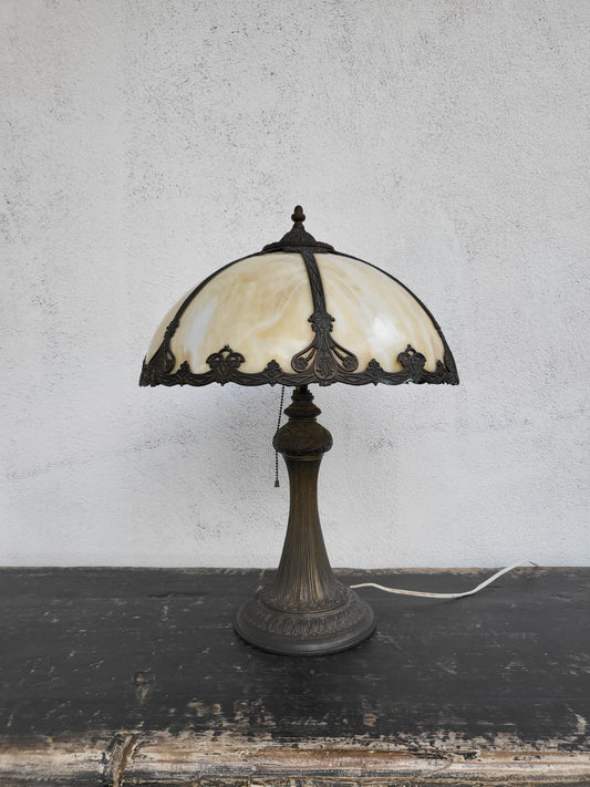 Antique Slag Glass Lamp with Ornate Metal Base