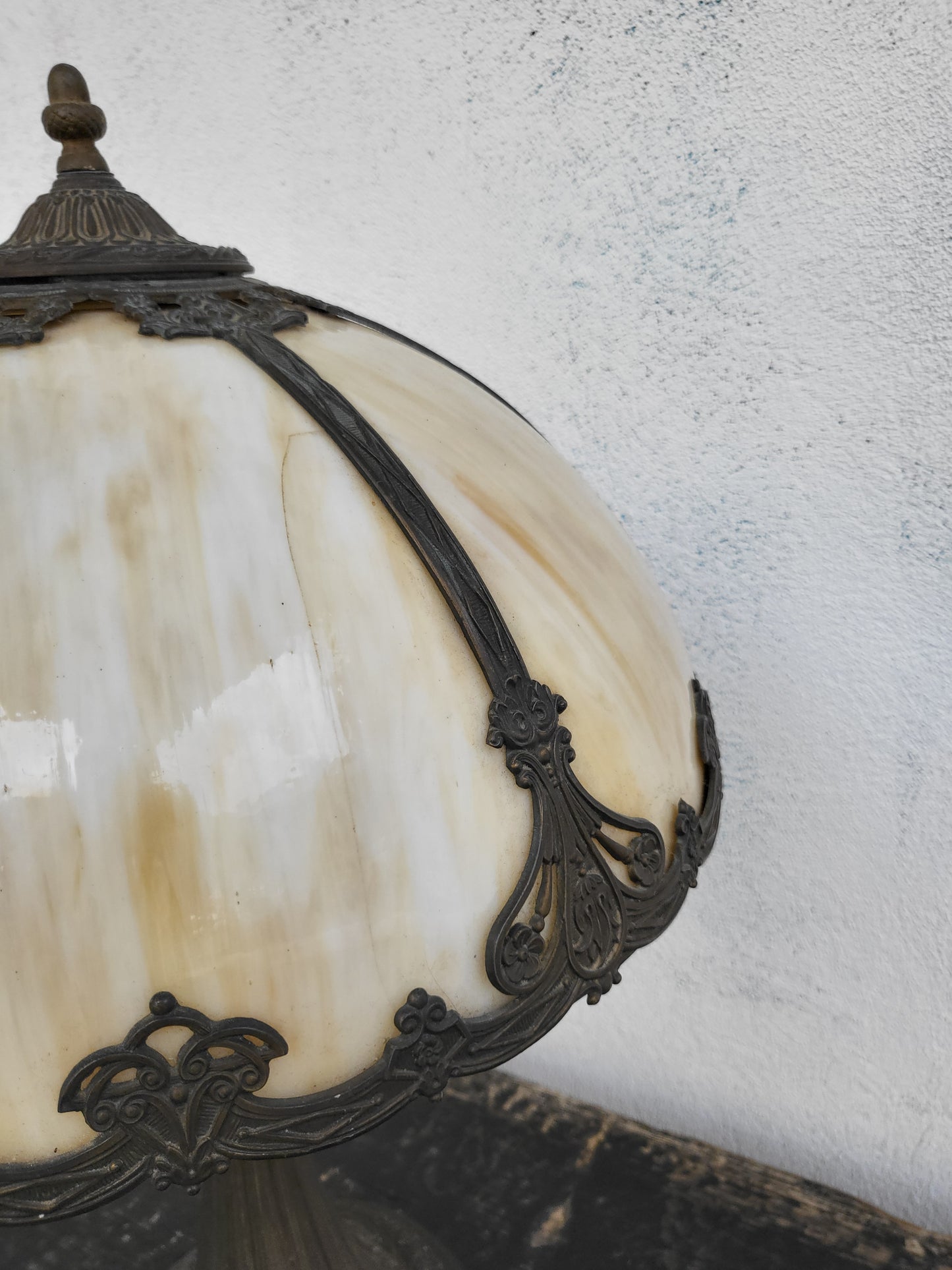 Antique Slag Glass Lamp with Ornate Metal Base