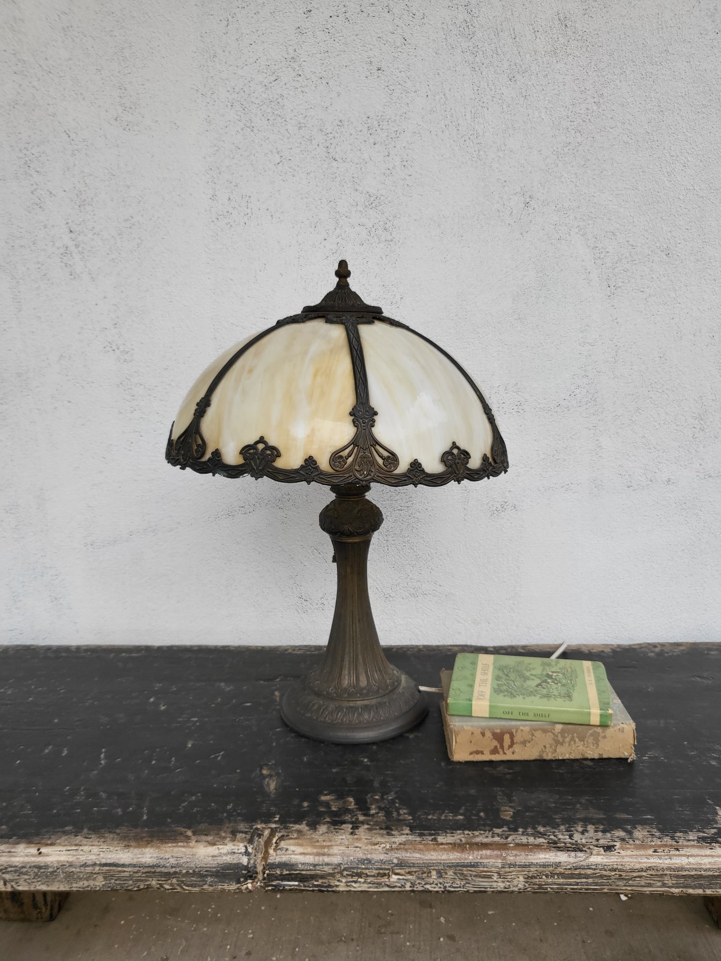 Antique Slag Glass Lamp with Ornate Metal Base
